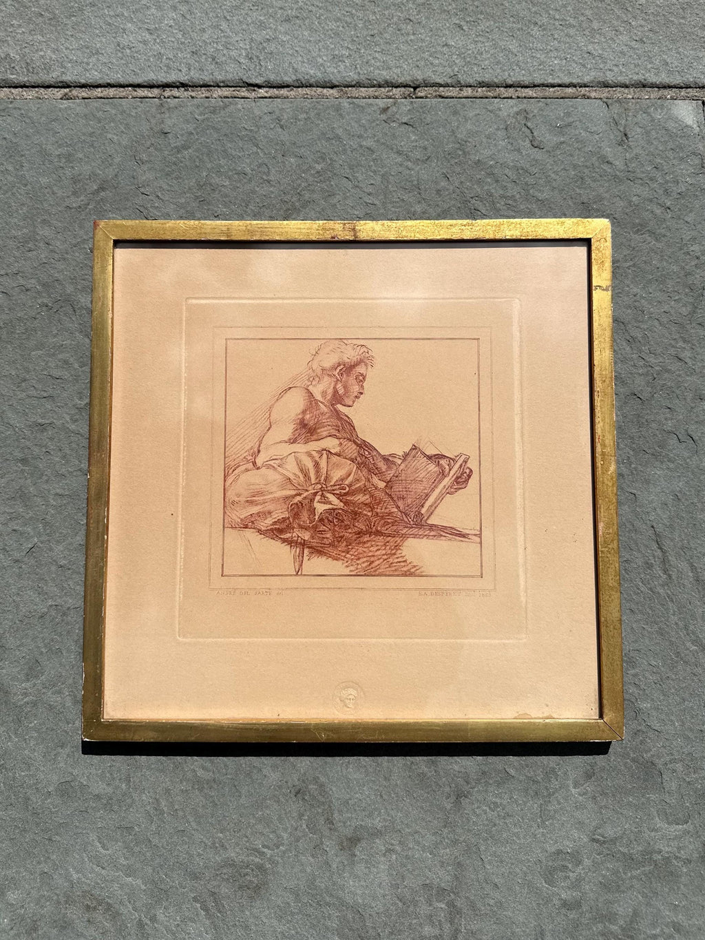 Vintage Framed French Engraving Andre del Sarte Bust of a Man E.A. Desperet 1853 Issued by Musee Louvre Chalcographie Seal 12.5x12.6”