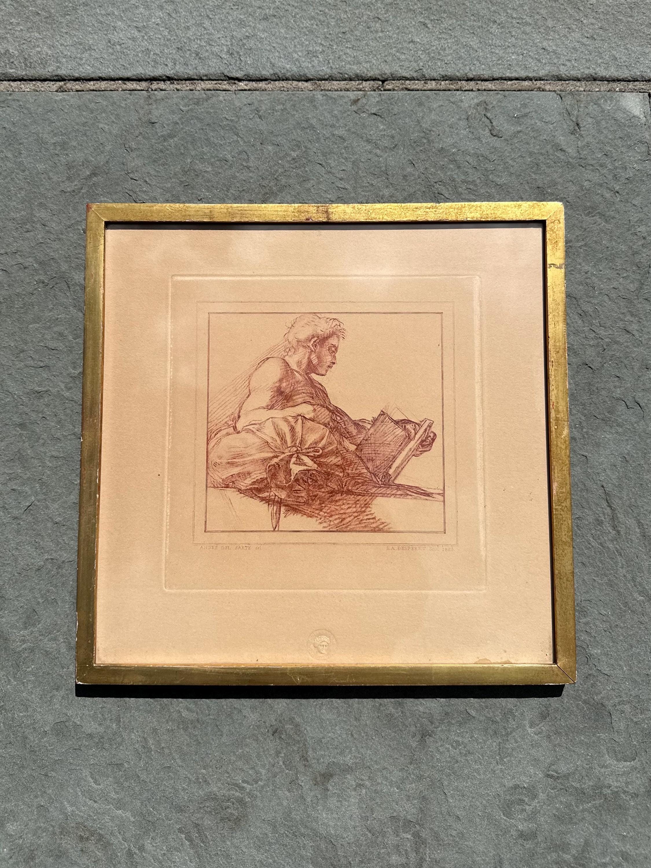 Vintage Framed French Engraving Andre del Sarte Bust of a Man E.A. Desperet 1853 Issued by Musee Louvre Chalcographie Seal 12.5x12.6”