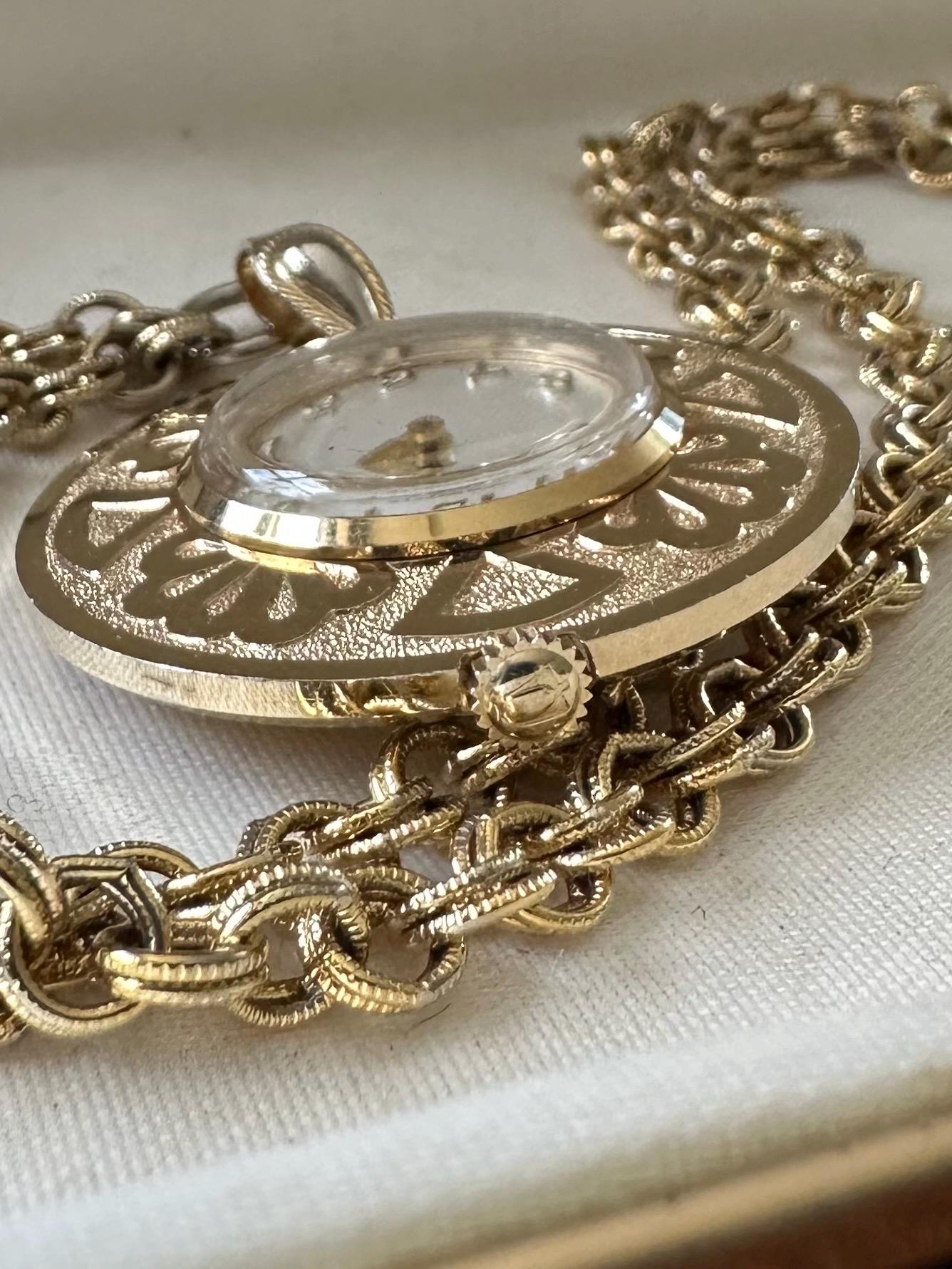 Vintage Midcentury Caravelle by Bulova Gold Plated Swiss Watch Pendant Necklace 24.25" | Needs Battery