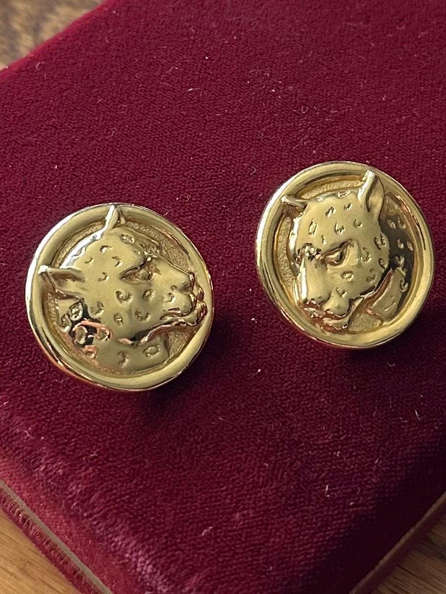 Vintage 1980s 1990s Gold Tone Large Leopard Cheetah Pierced Statement Earrings