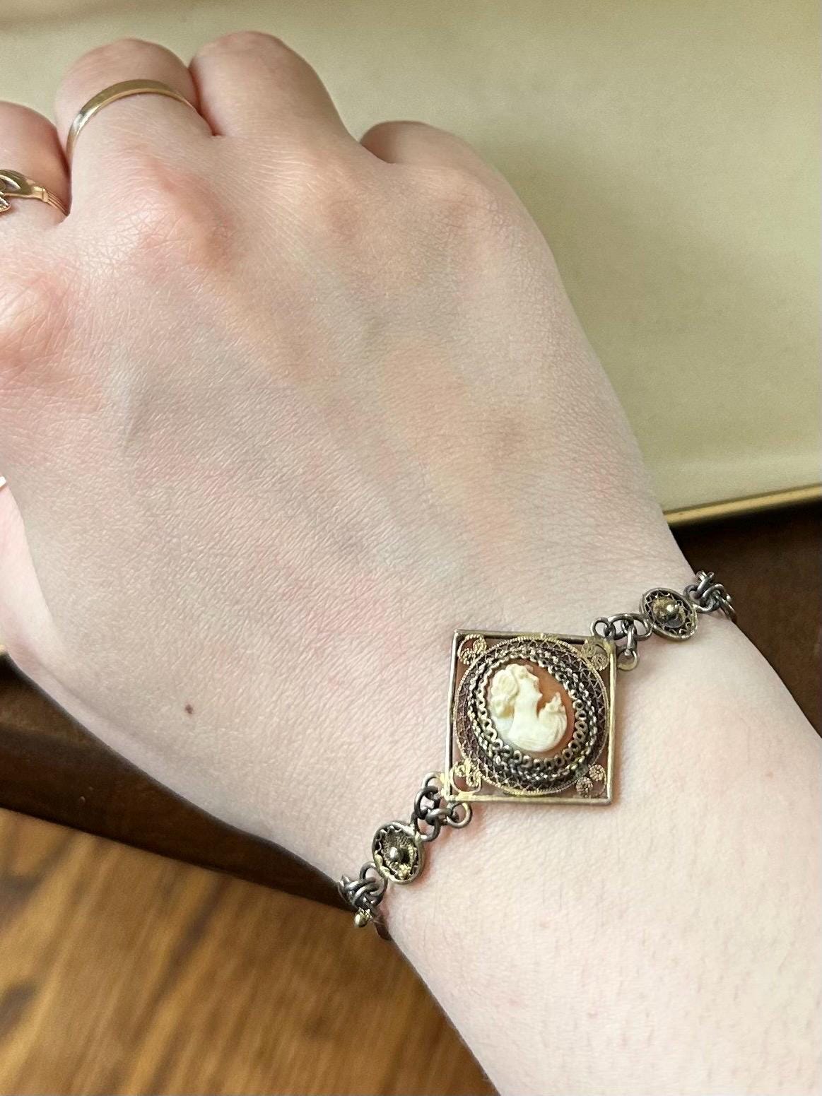Vintage European 800 Silver Gold Gilt Delicate Filigree Hand Carved Shell Cameo Panel Link Bracelet