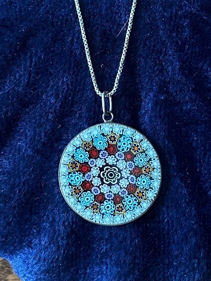Vintage Italian 800 Silver Handcrafted Murano Millefiori Glass Round Pendant on Sterling Silver Box Chain Necklace