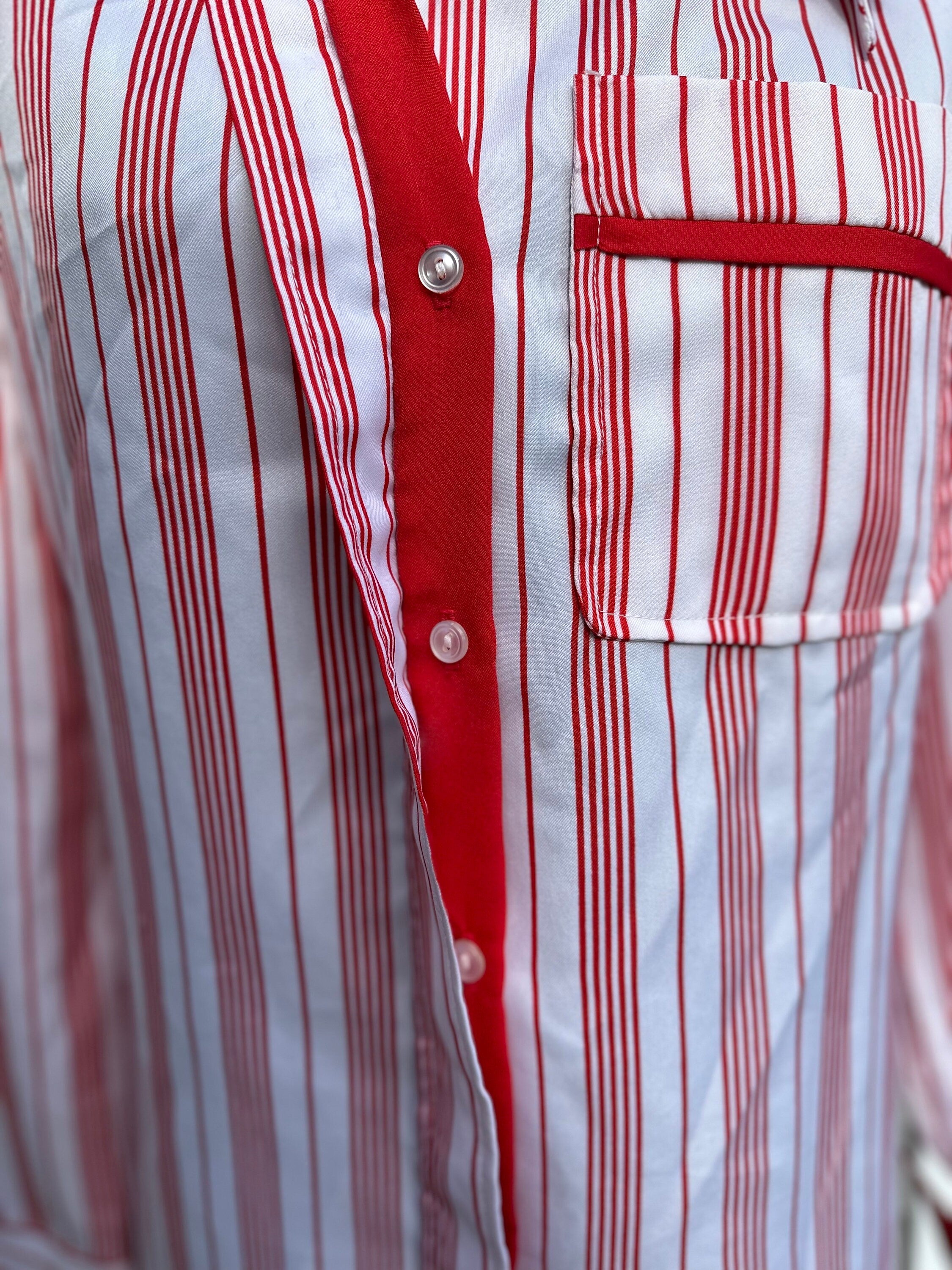 Vintage 1970s Joanna Women's Red & White Striped Double Collar Collared Button Down Blouse Long Sleeve Size 4