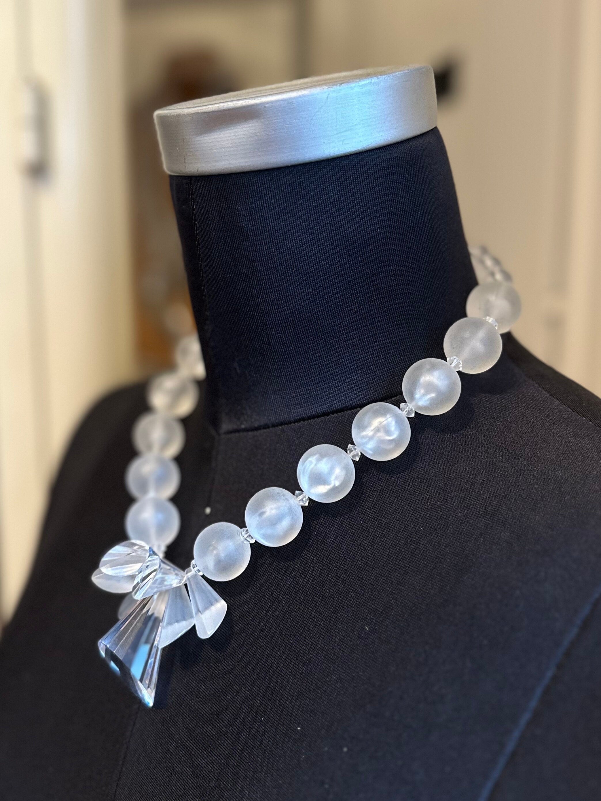 Rare Vintage 1950s Clear & Frosted Graduated Lucite and Faceted Lucite Cone Beaded Collar Necklace | Avant Garde Couture Statement Jewelry