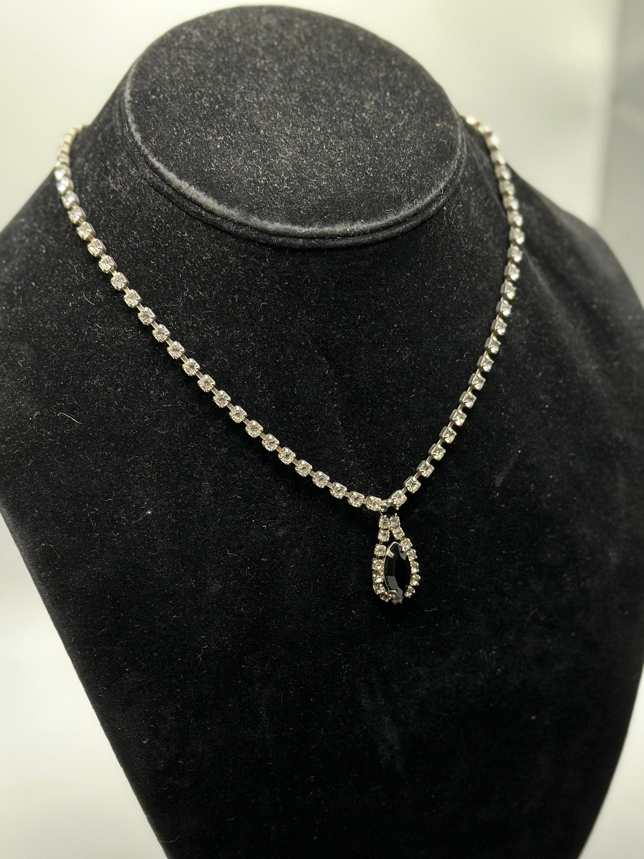 Vintage 1950s Faceted Clear and Black Glass Rhinestone Necklace Marquise Teardrop 18" | Evening Jewelry
