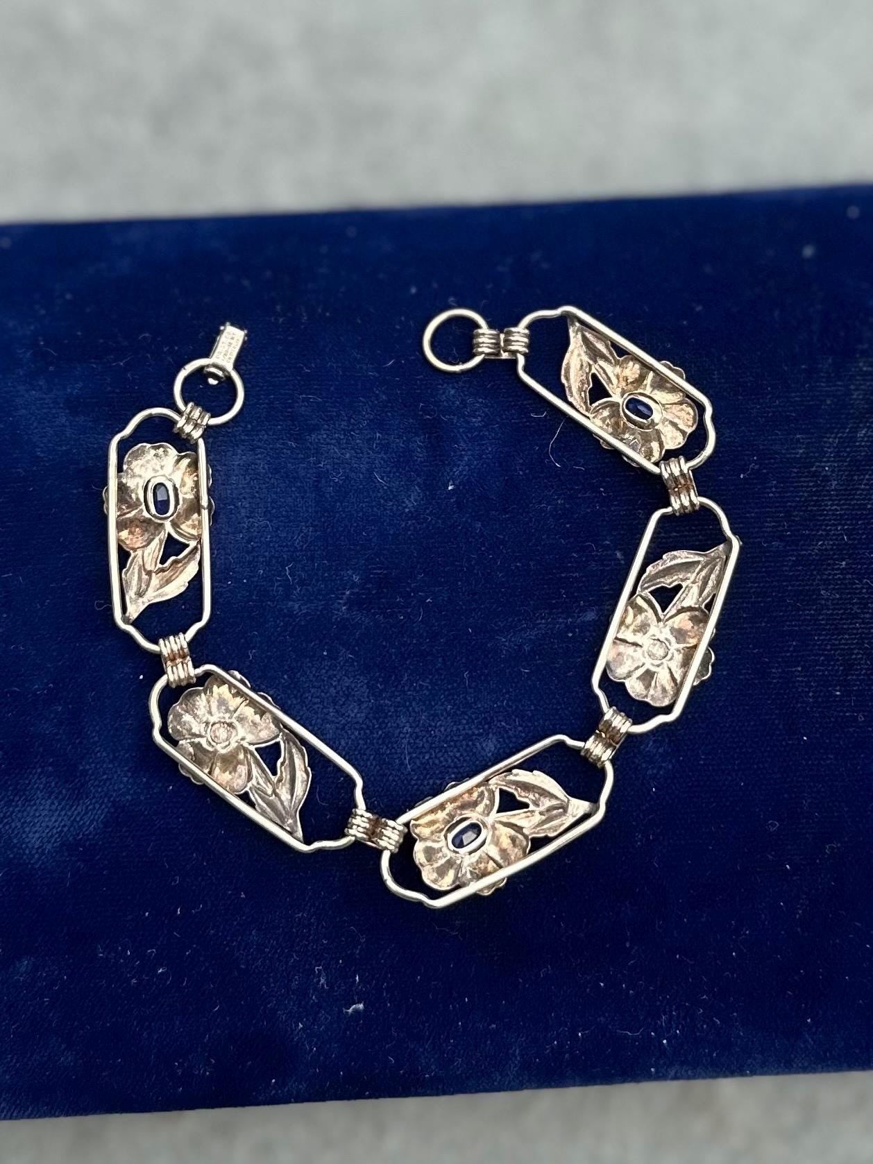 Vintage 1930s Signed Providence Stock Co. 1/20 12k Gold Filled Sterling Silver Floral Blue Rhinestone Link Bracelet