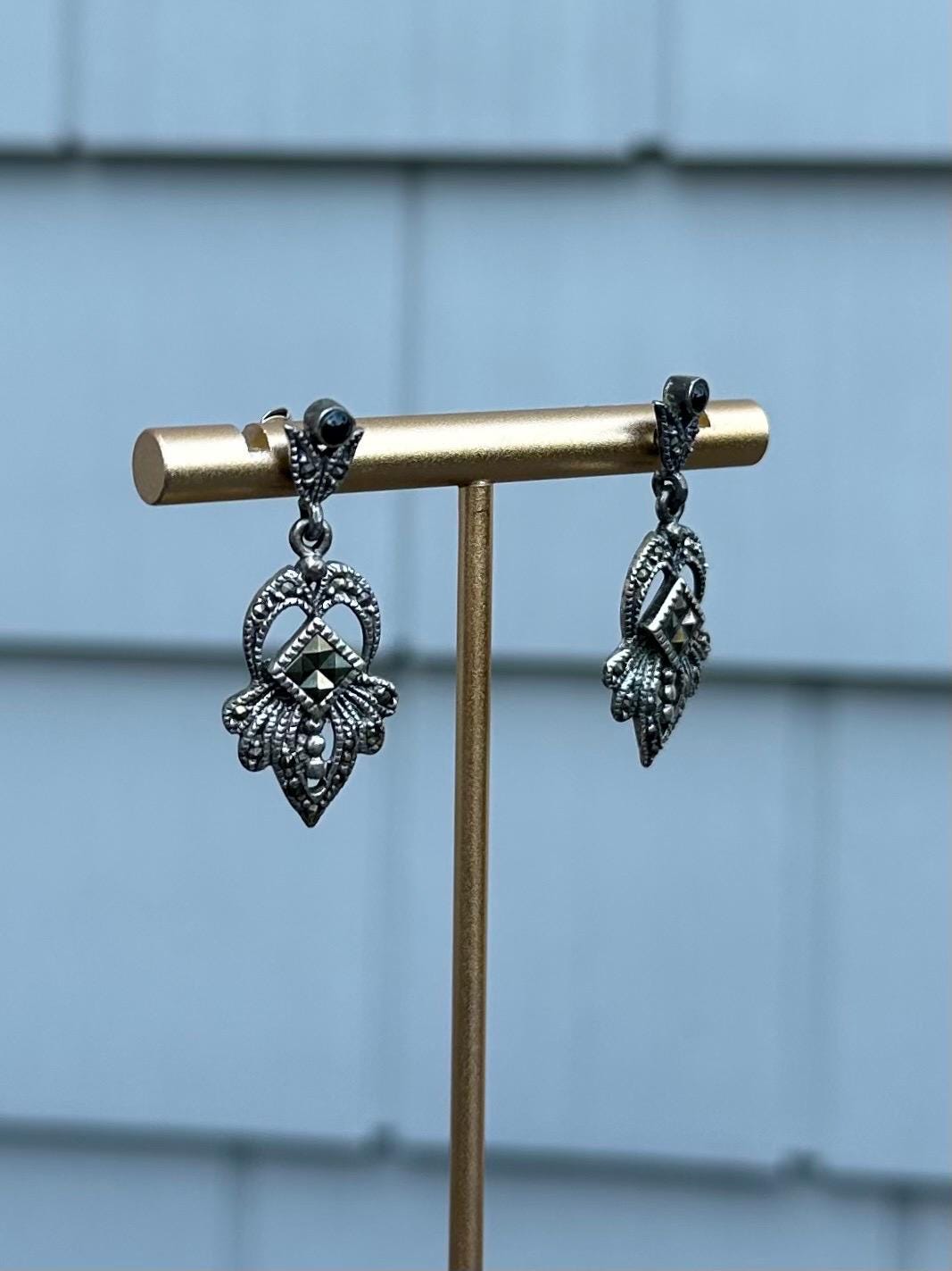 Vintage Sterling Silver Marcasite & Black Onyx Dangle Drop Earrings
