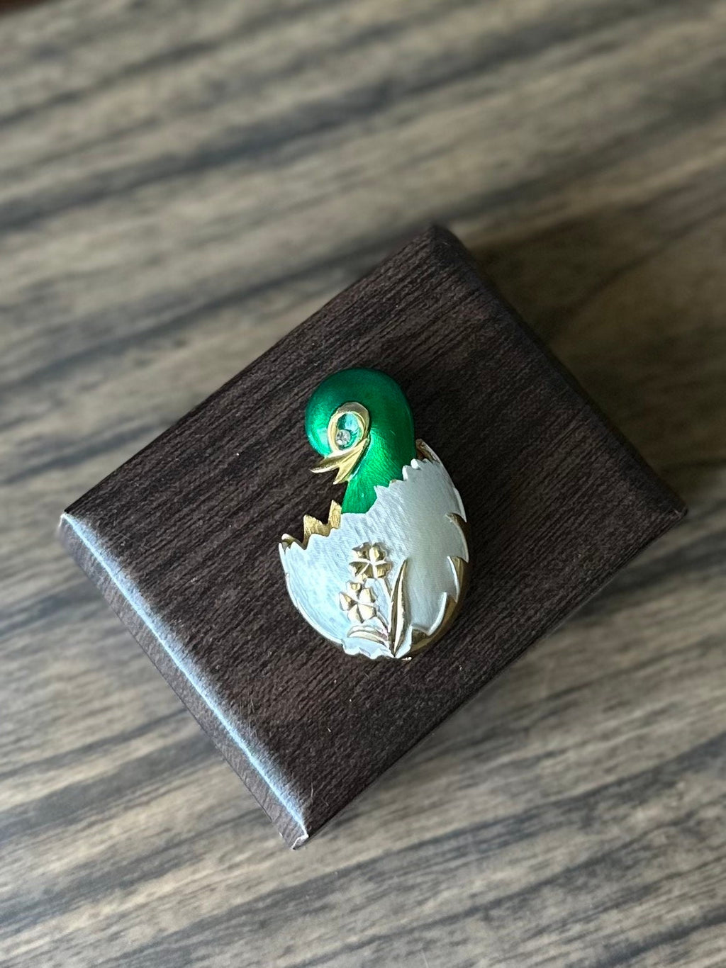 Vintage Signed Alice Caviness Green Enamel Duckling Chick in Egg Gold Tone Brooch Rhinestone Eye Easter