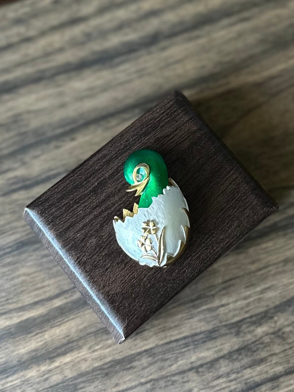 Vintage Signed Alice Caviness Green Enamel Duckling Chick in Egg Gold Tone Brooch Rhinestone Eye Easter