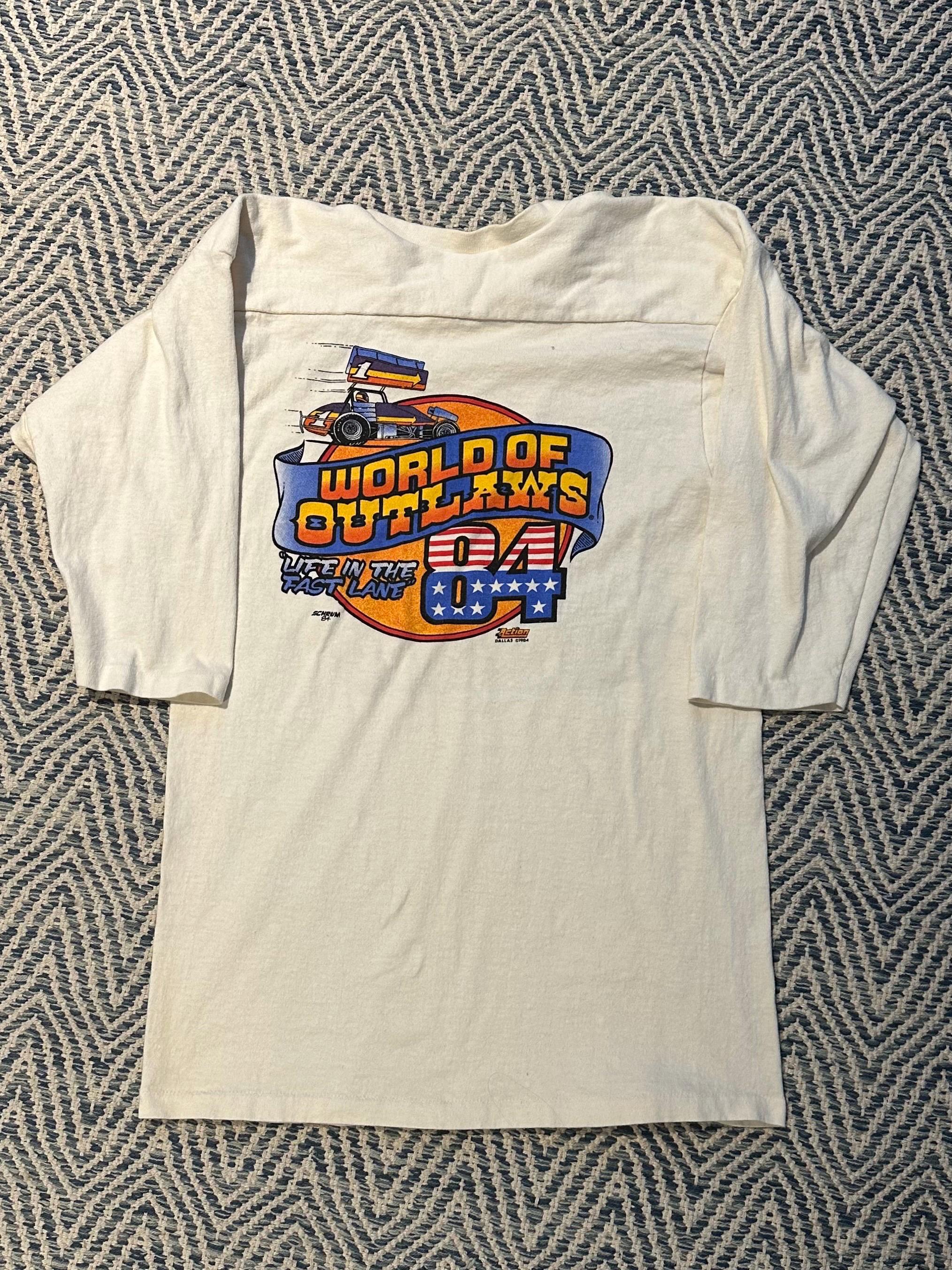 Vintage 1980s World of Outlaws 1984 Supernationals Syracuse NY Racing 3/4 Sleeve Ringer Tee Double Sided Schrum Graphic