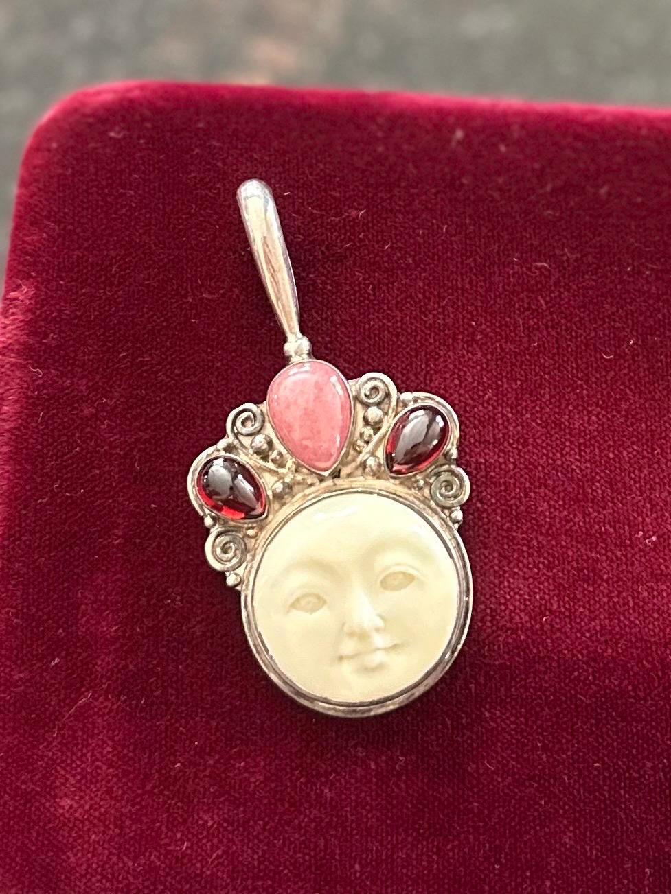 Vintage Signed SAJEN Sterling Silver & Carved Bone Moon Face with Cabochon Gemstones Statement Pendant Balinese
