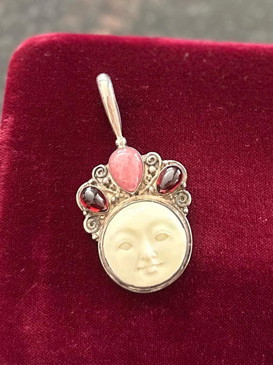 Vintage Signed SAJEN Sterling Silver & Carved Bone Moon Face with Cabochon Gemstones Statement Pendant Balinese