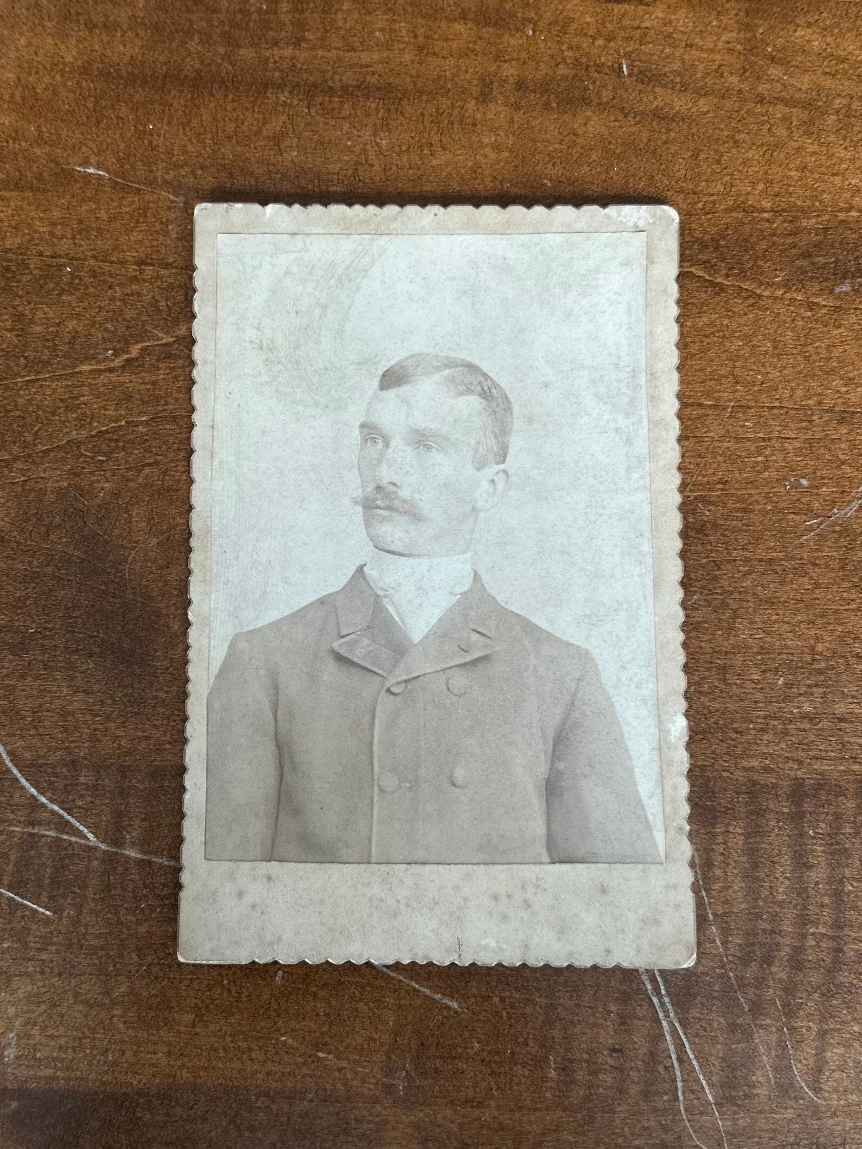 Antique Late 1800s Cabinet Card Crimped Edges Portrait of a Man with Mustache