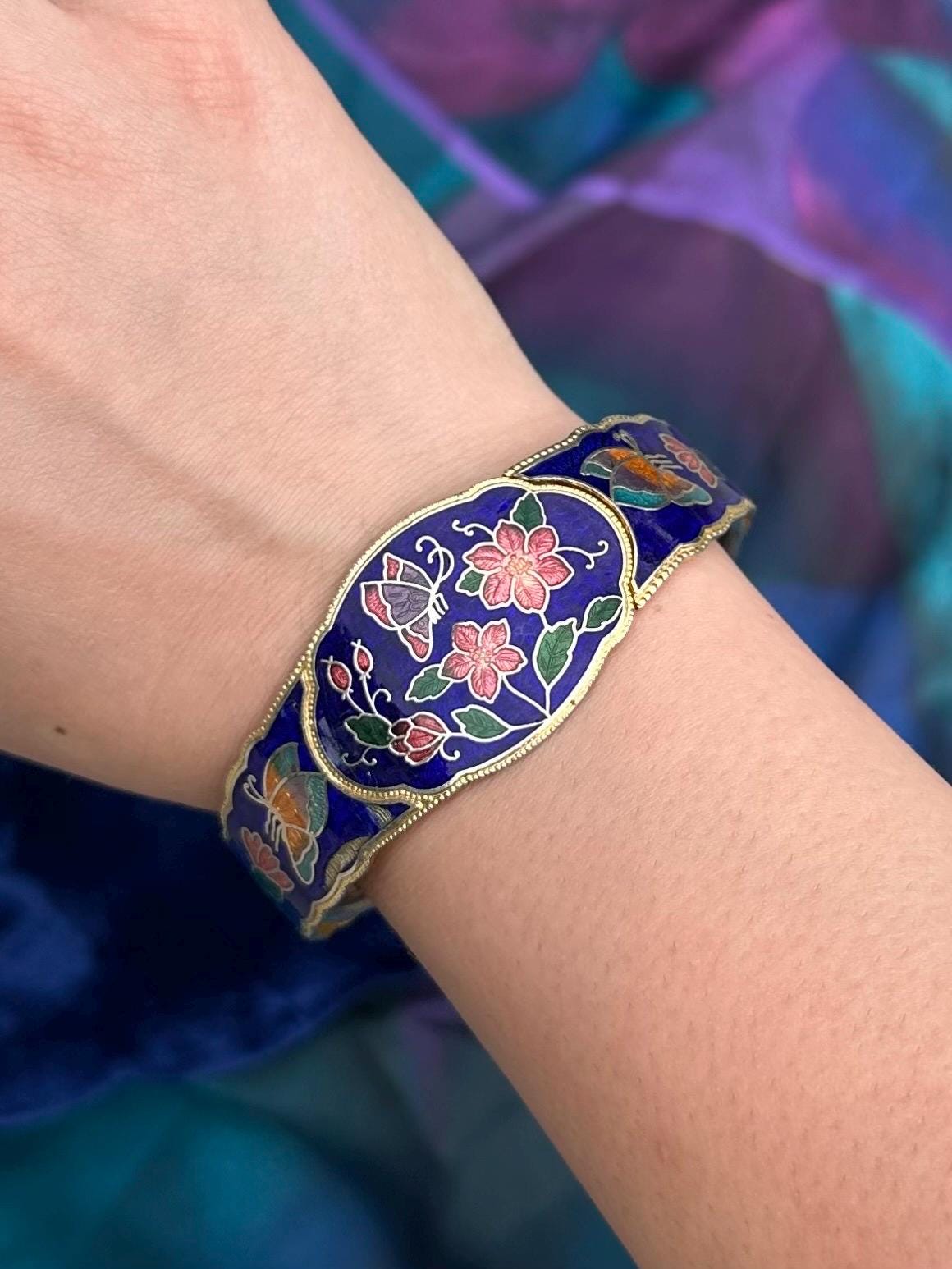 Vintage Cloisonne Enamel Blue Multicolor Butterfly Floral Clamper Bangle Bracelet