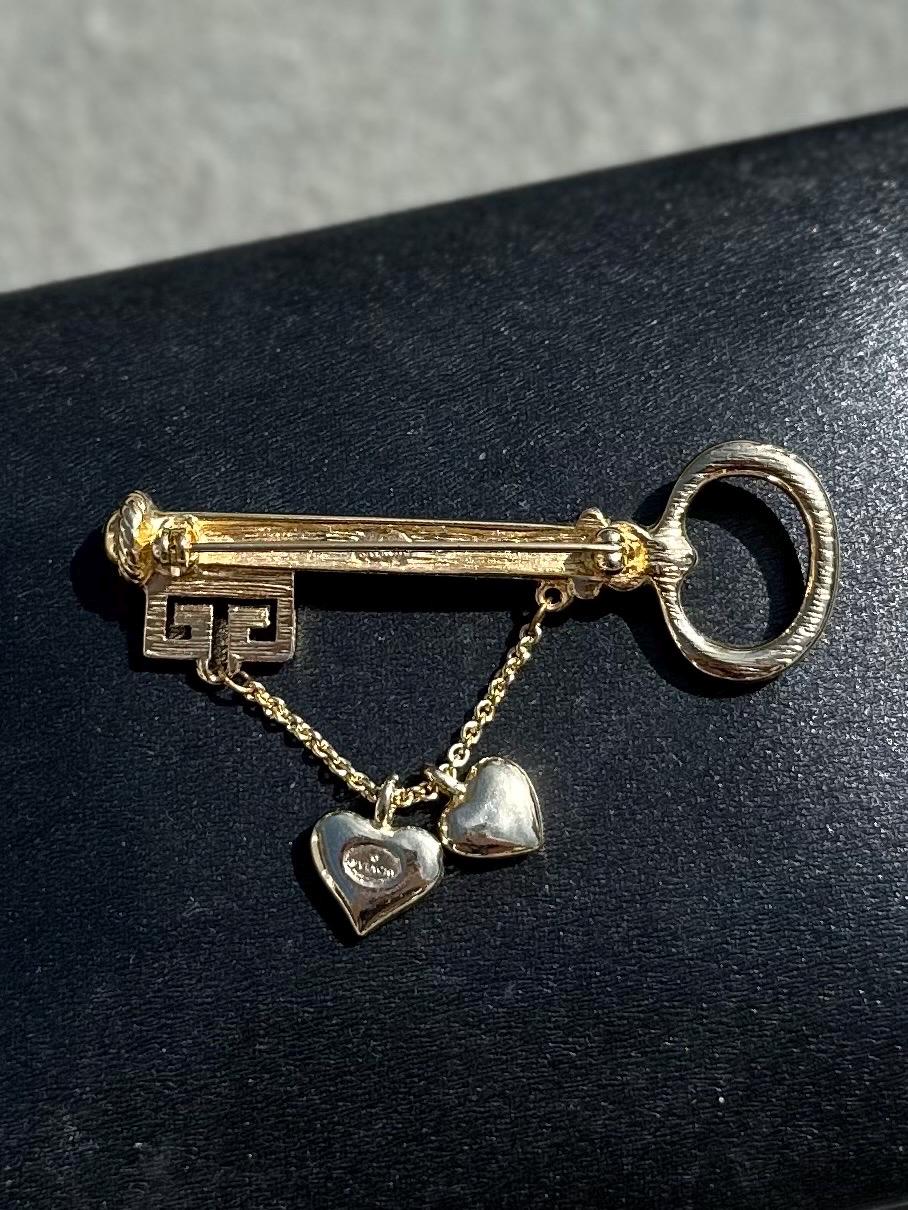 Vintage Signed GIVENCHY Gold Tone Skeleton Key Dangle Heart Brooch Designer GG Logo