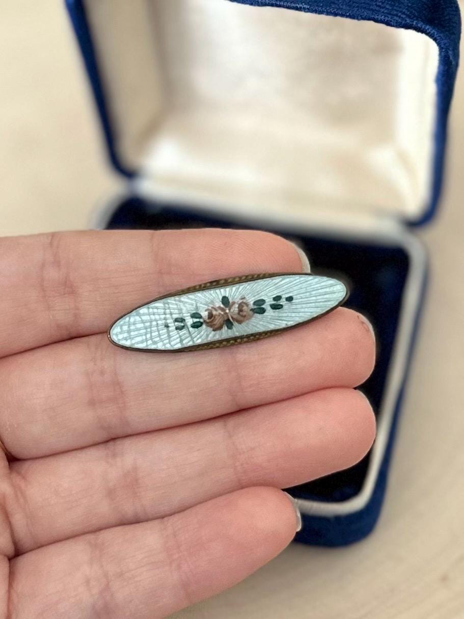 Antique Made in Czechoslovakia Tiny Guilloche Enamel Bar Pin Brooch Handpainted Central Rose Detail
