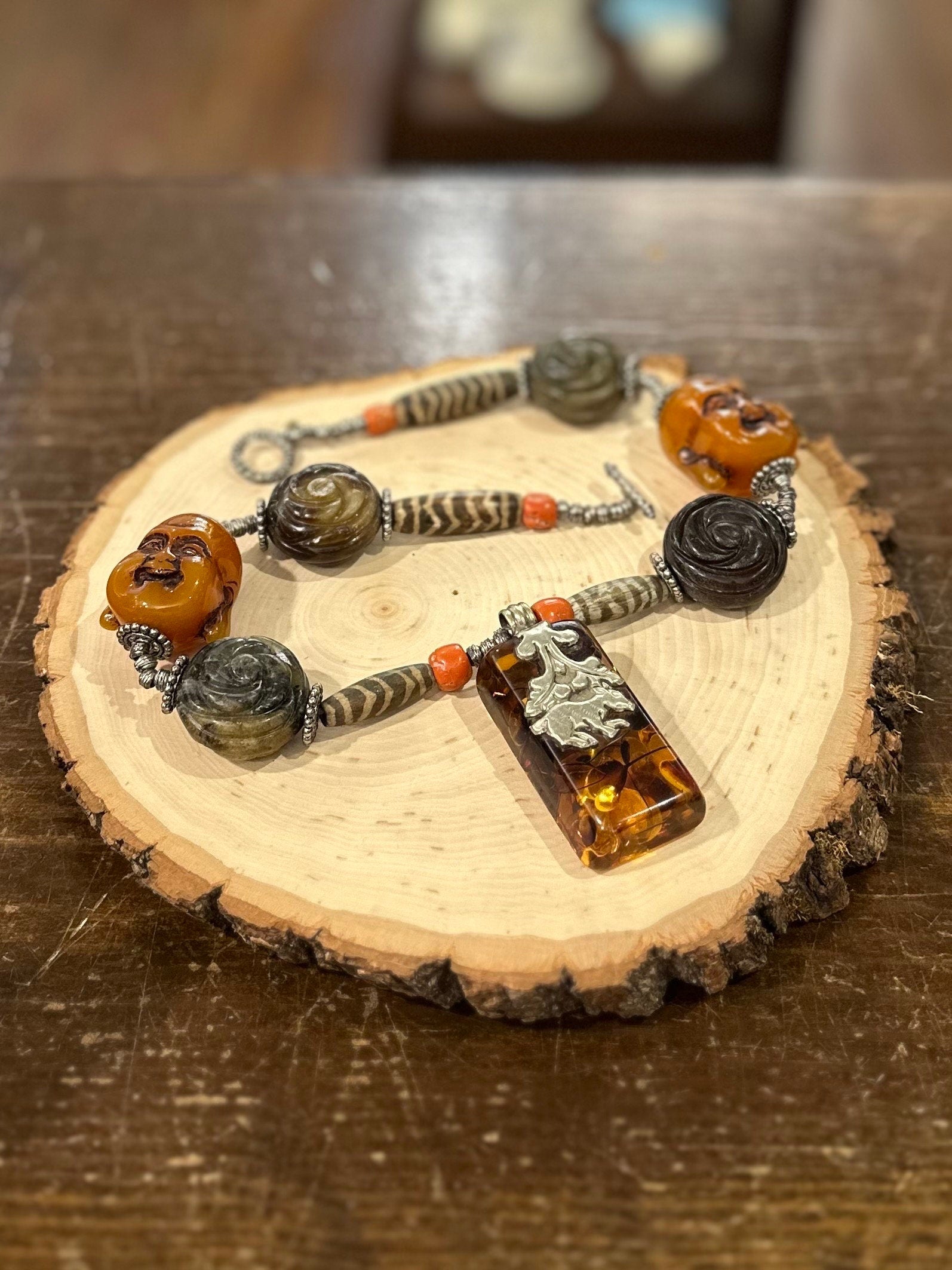 Vintage OOAK Artisan Handmade Large Tibetan Statement Necklace Happy Buddhas with Genuine Amber & Coral Toggle Clasp 20”