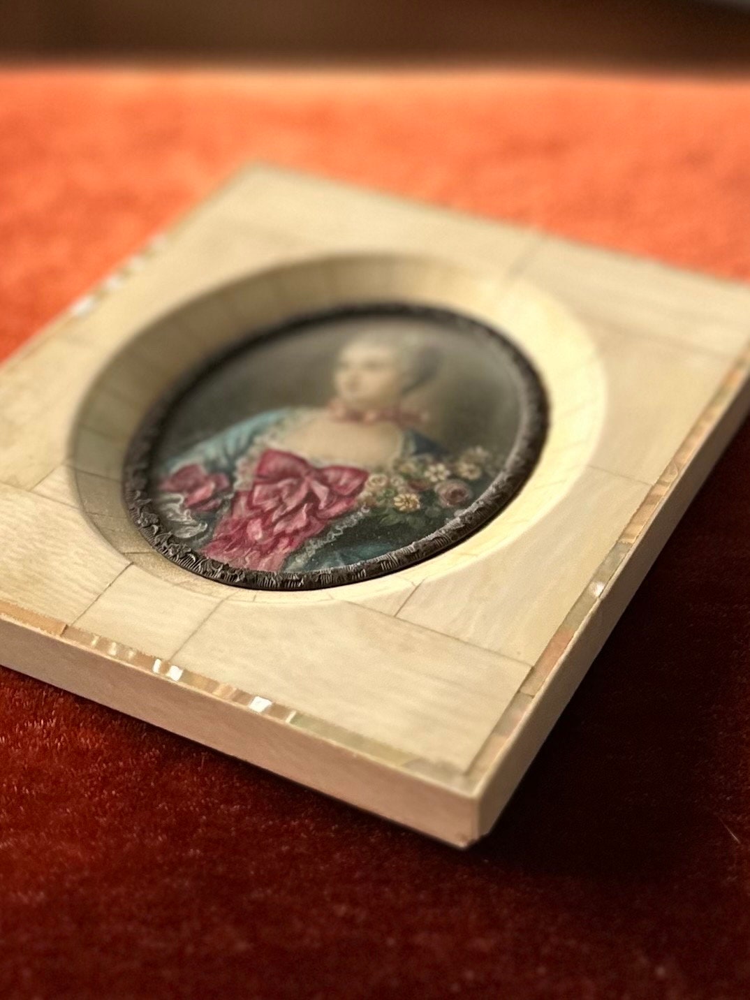 Antique 19th Century Hand Painted & Finely Detailed French Portrait of a Lady Mother of Pearl Frame V. Boucher