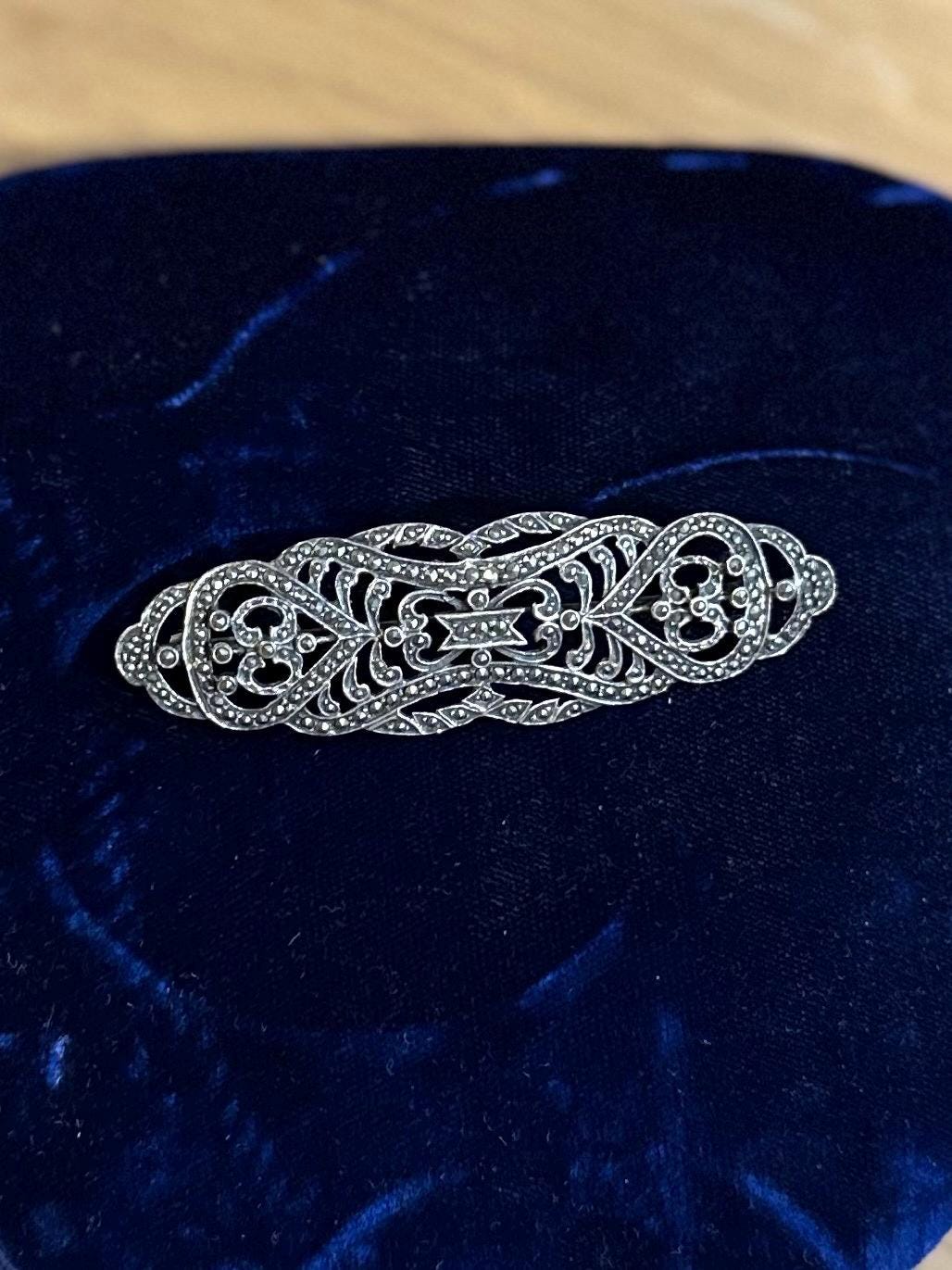 Vintage Art Deco Revival Sterling Silver & Marcasite Ornate Large Oblong Brooch Statement
