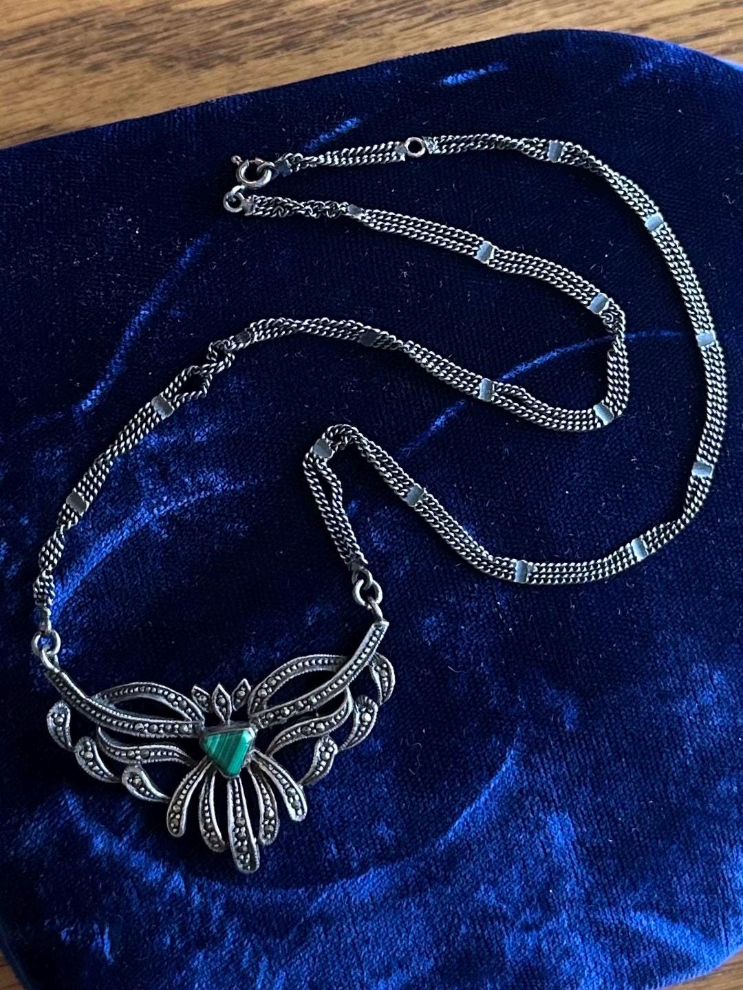 Vintage Art Deco Style Sterling Silver Marcasite & Malachite Pendant Necklace 17”