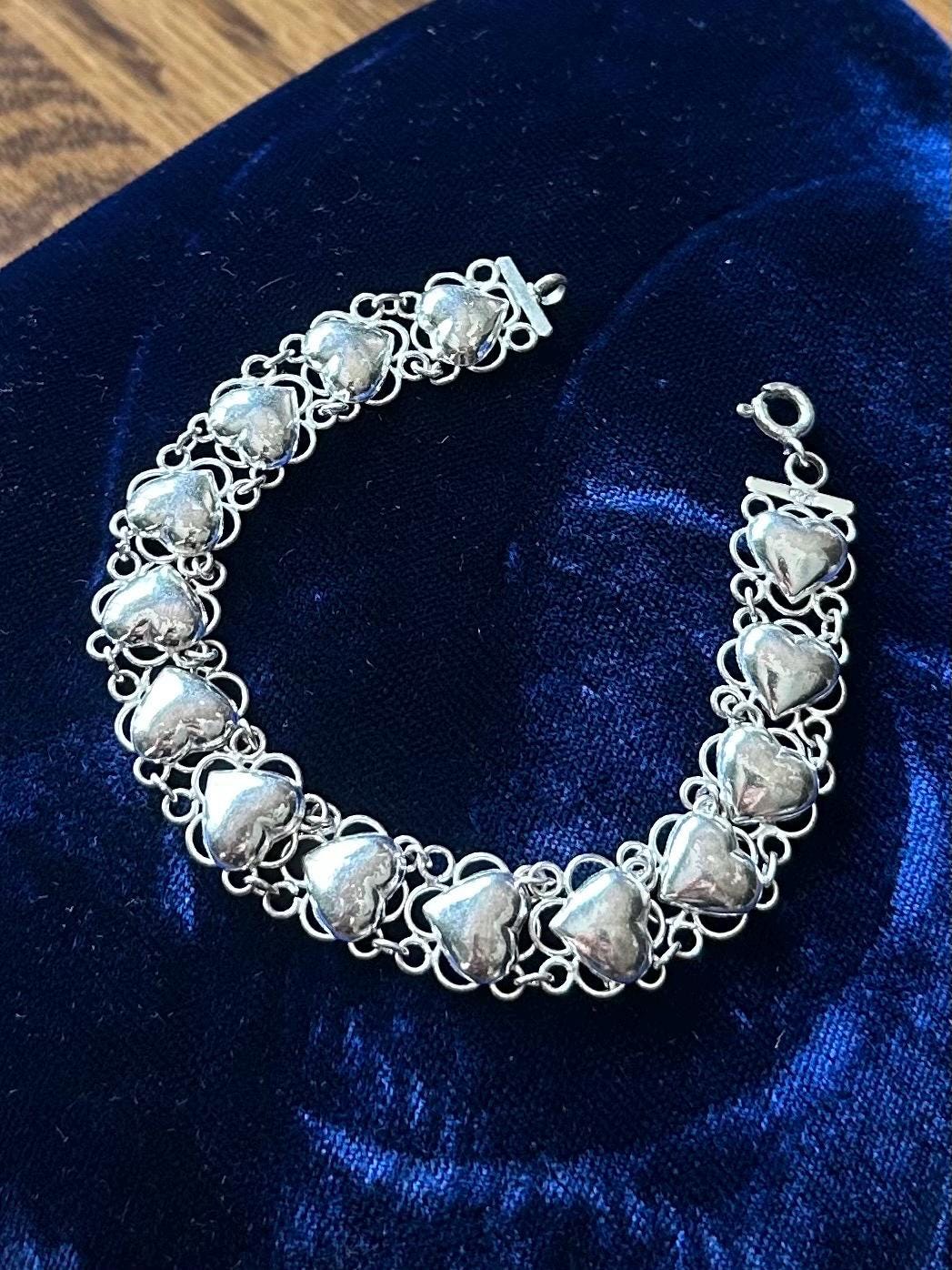 Vintage 925 Sterling Silver Puffy Hearts Open Link Bracelet 7.25"
