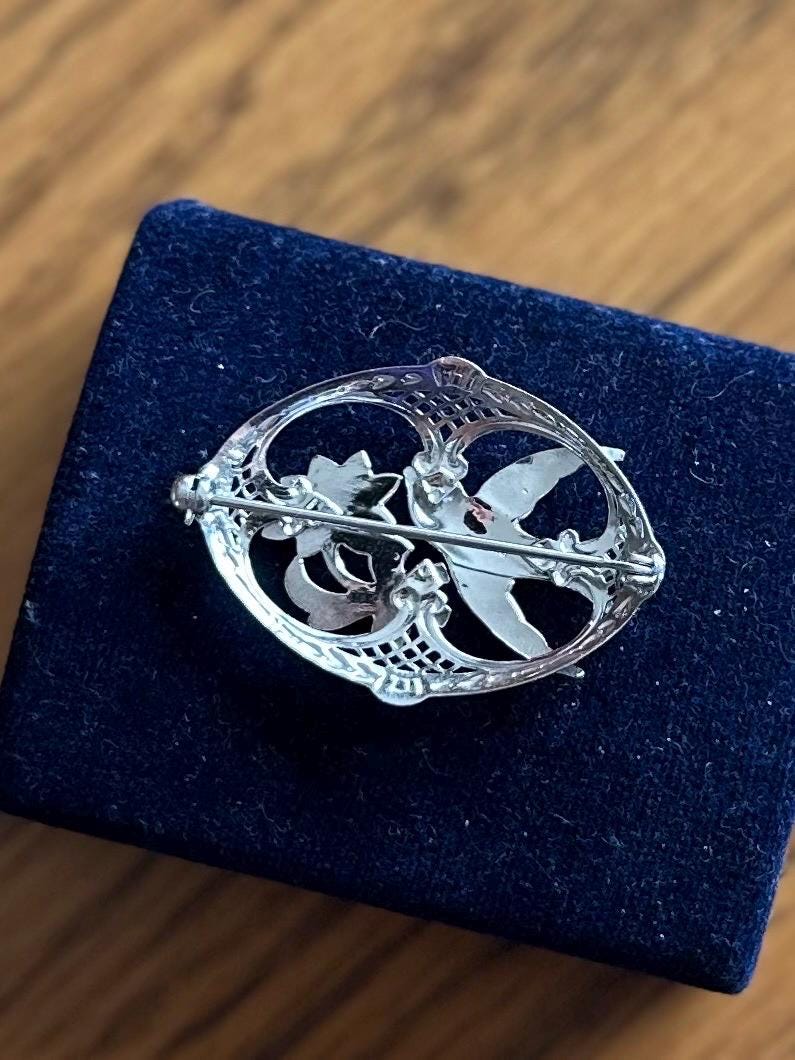 Vintage Sterling Silver & Marcasite Swallow Bird Floral Brooch Art Deco Revival
