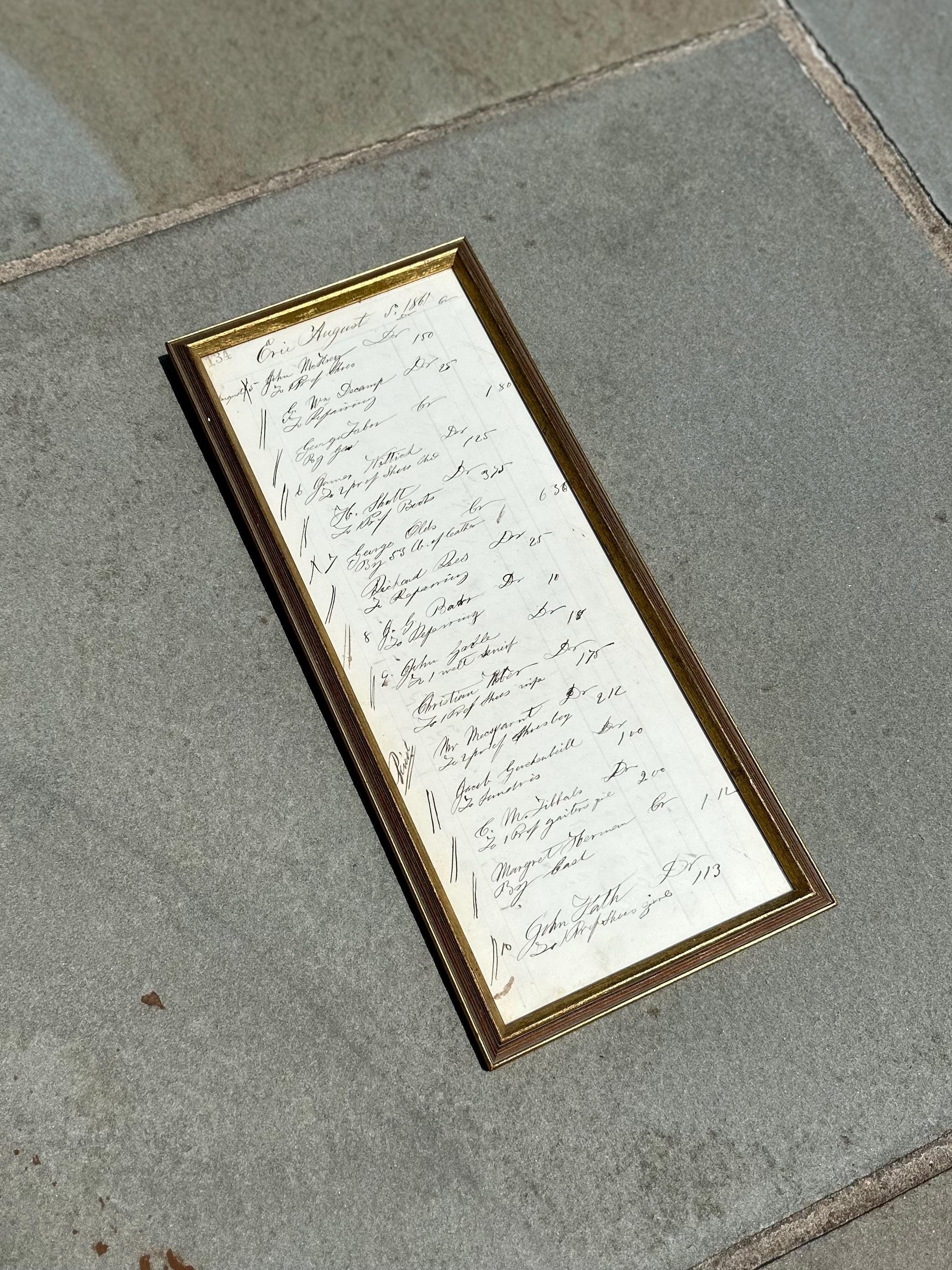 Vintage Framed 19th Century Store Sales Ledger Dated August 1861 Antique Ephemera 16x7