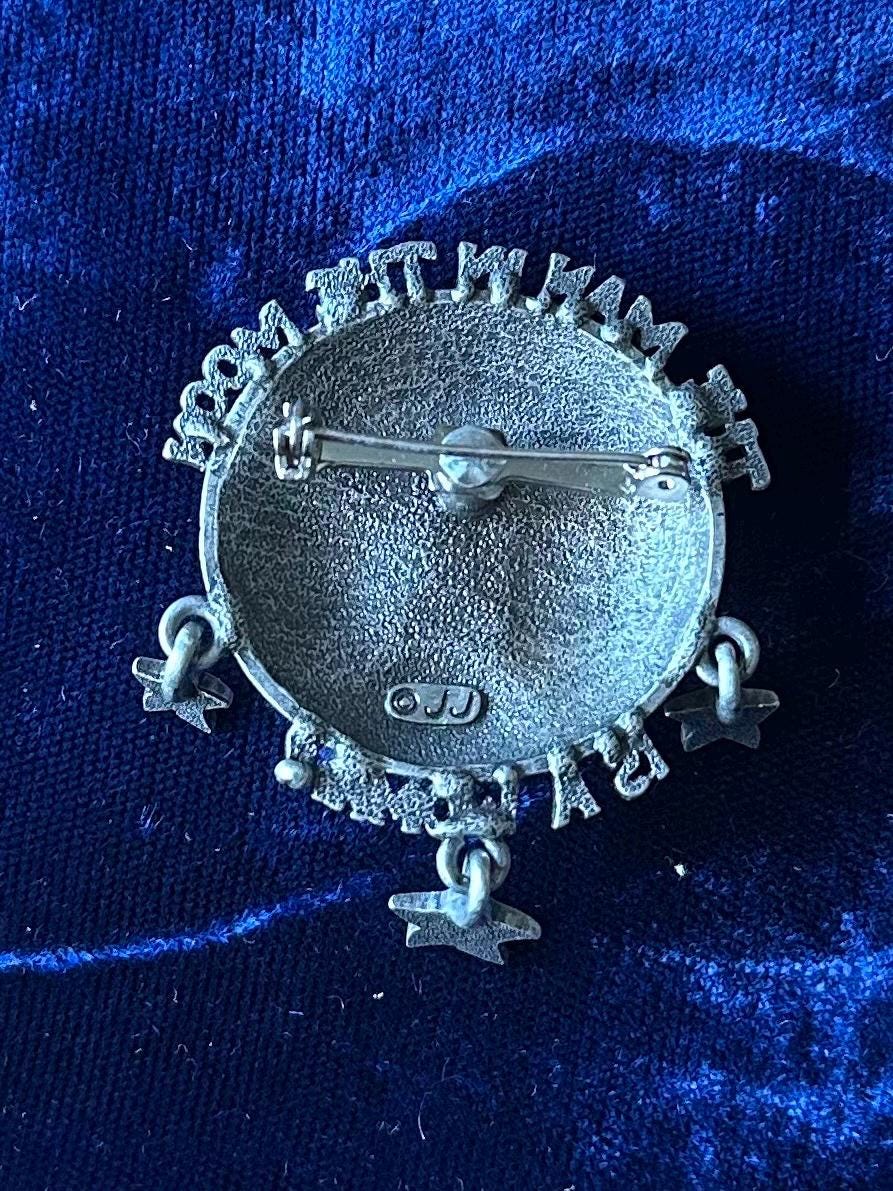 Vintage 1980s Signed JJ Jonette The Man in the Moon is a Woman Celestial Moon & Stars Silver Tone Brooch Feminist