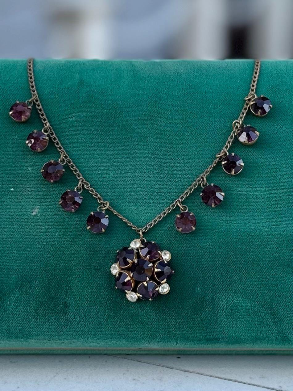 Antique Art Deco Faceted Purple & Clear Czech Glass Cluster Pendant Necklace 15.75” Circa 1930s Made in Czechoslovakia