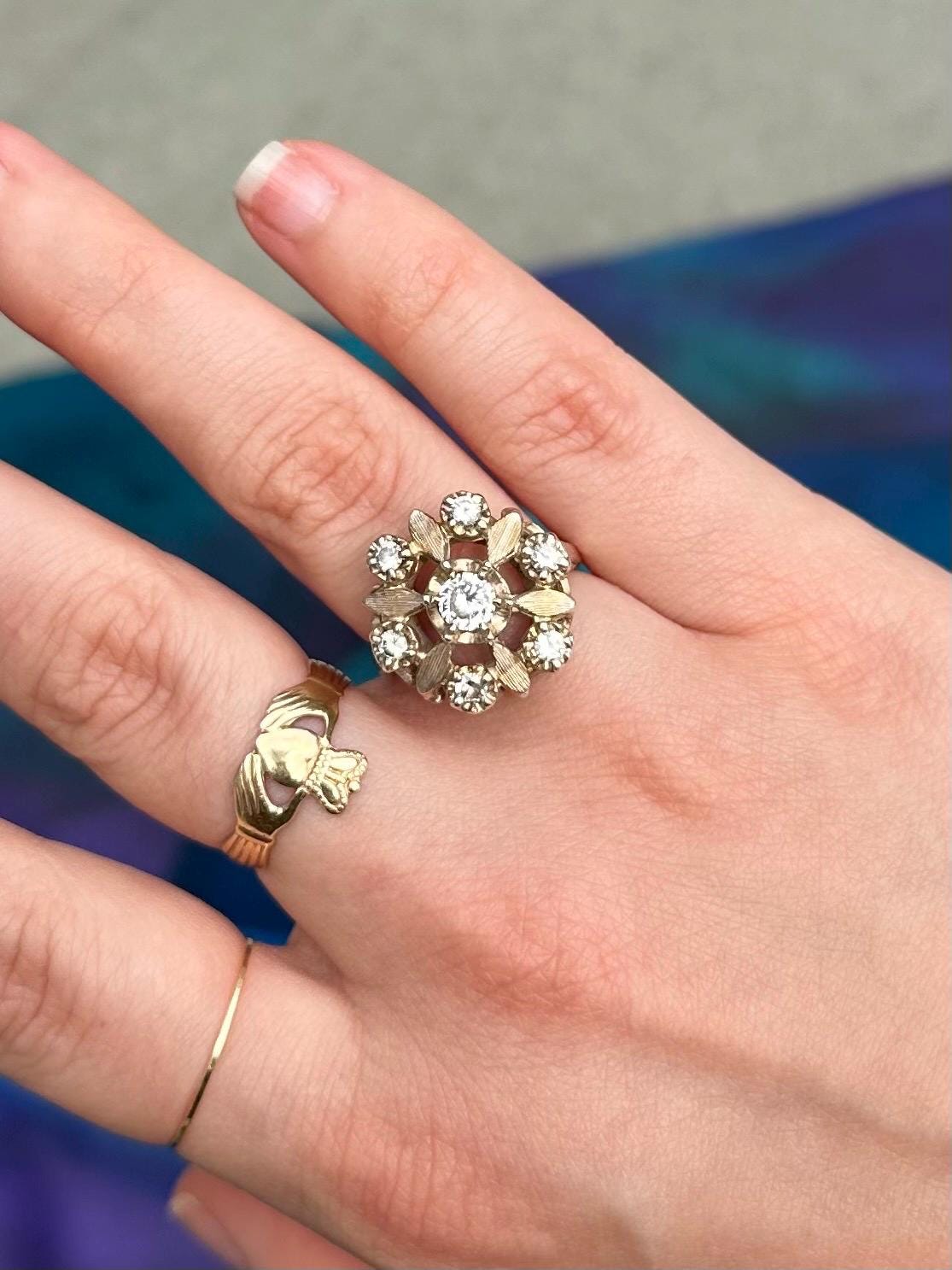 Vintage Circa 1950s Sterling Silver Simulated Diamond CZ Halo Cluster Floral Statement Ring US Size 6 3/4