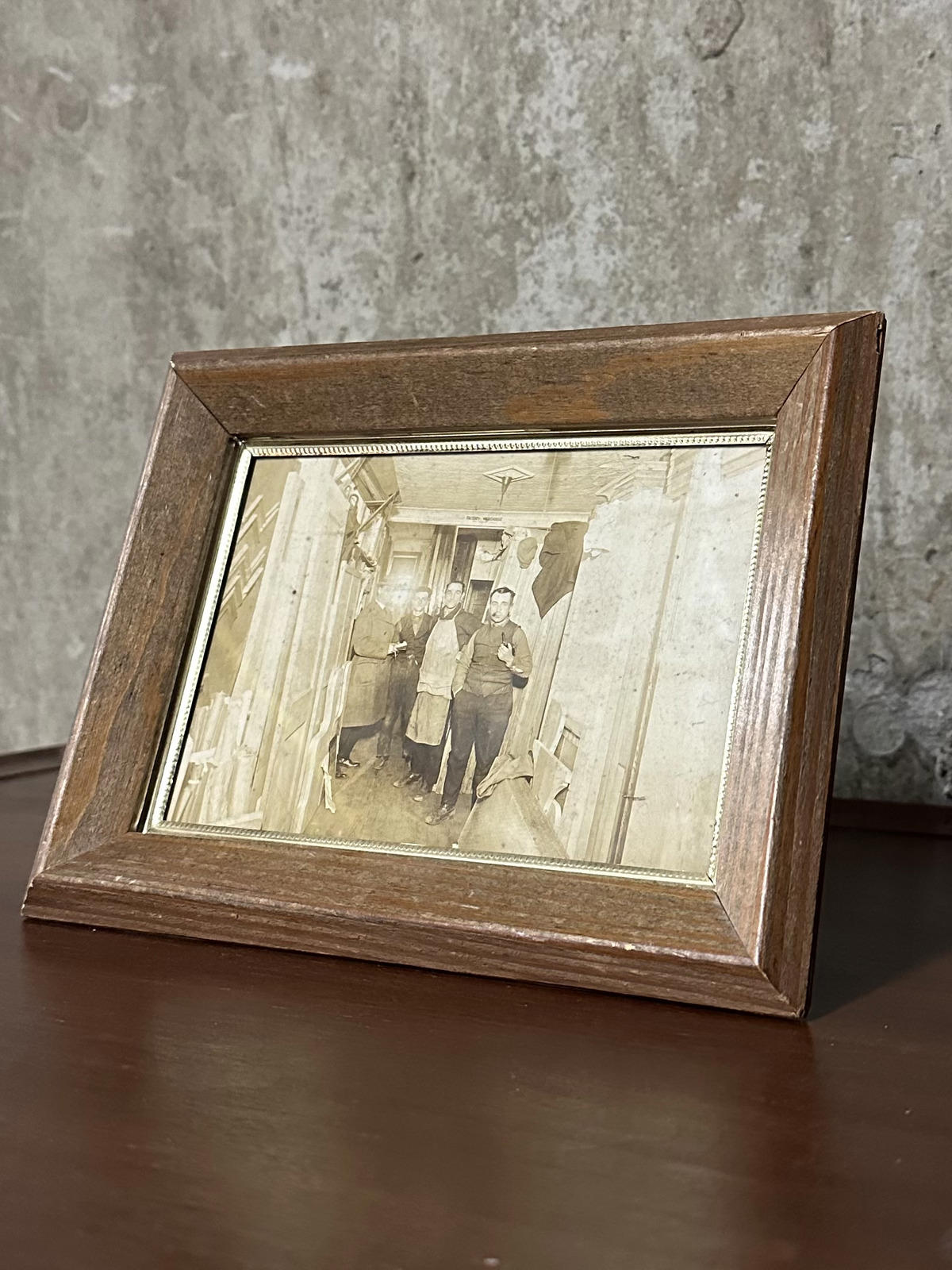 Wood Framed 1920s Photograph Men in Factory Warehouse Jamaica Queens NY