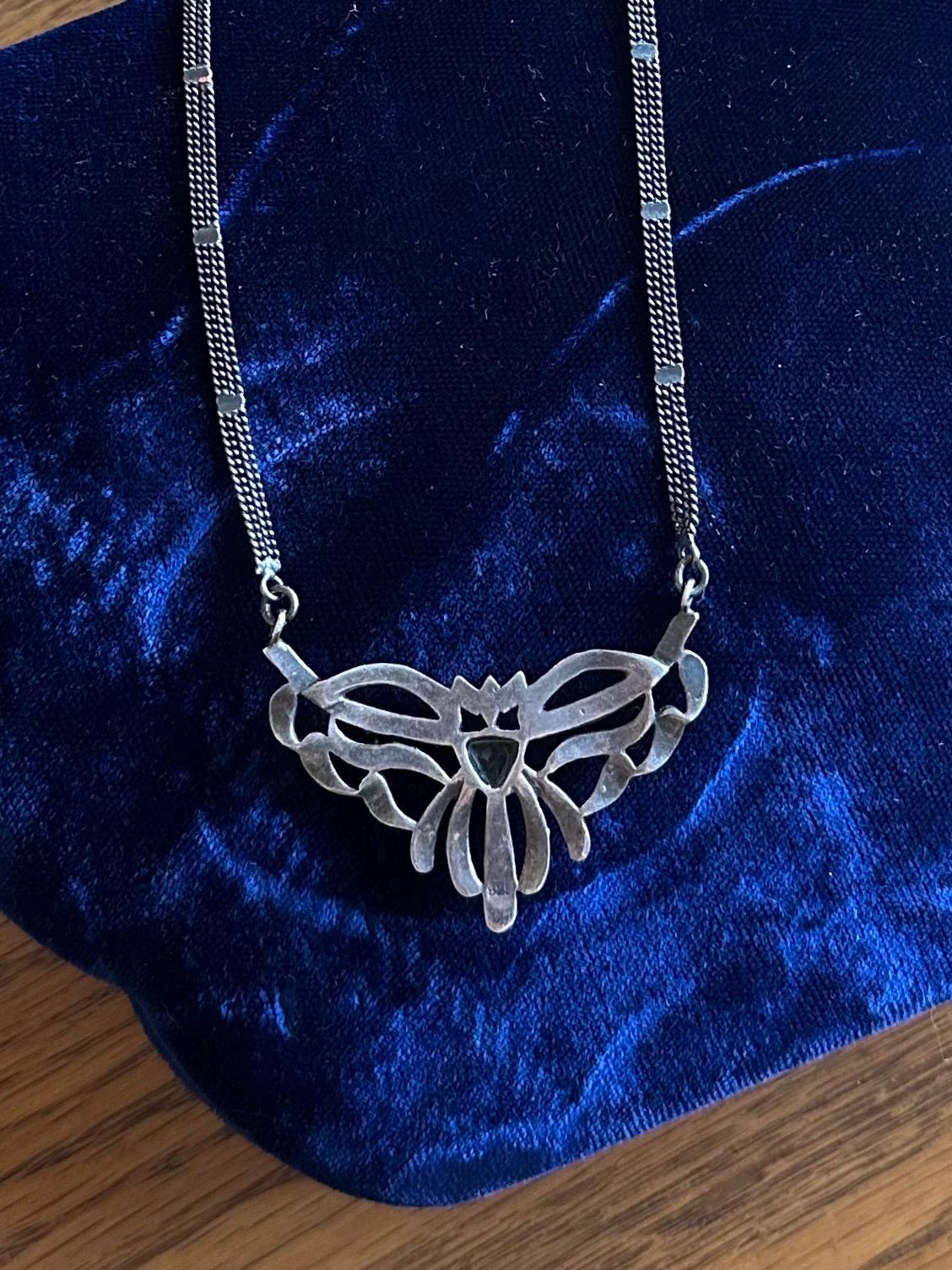 Vintage Art Deco Style Sterling Silver Marcasite & Malachite Pendant Necklace 17”