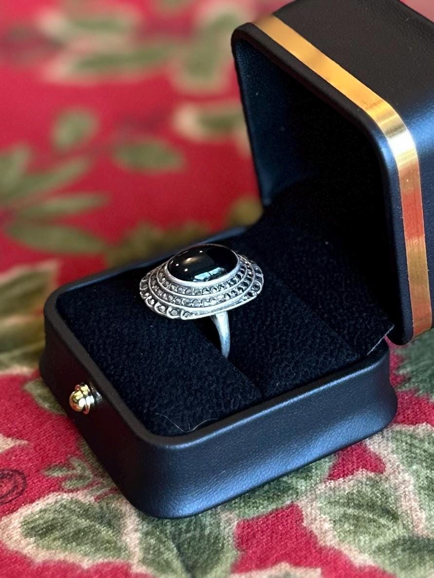 Vintage Art Deco Signed THEDA Sterling Silver Black Onyx Cabochon & Marcasite Statement Cocktail Ring US Size 6 1/2
