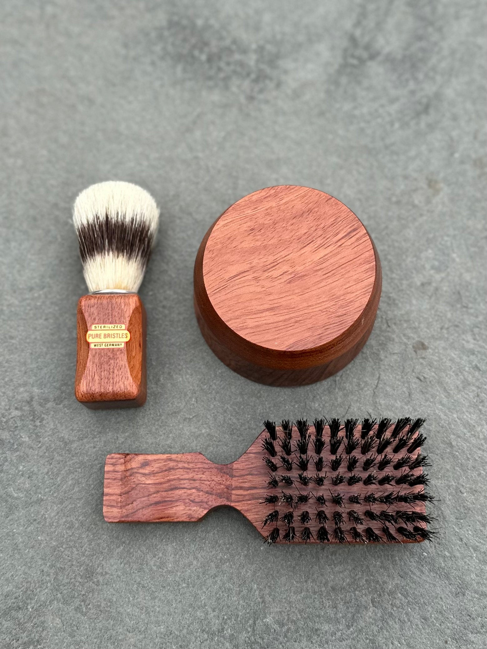 Vintage NEW West Germany Men's Wood Shaving Grooming Set | Boar Bristle Shaving Brush, KLAR Heidelberg Soap, Shaving Bowl, Tobacco Hairbrush