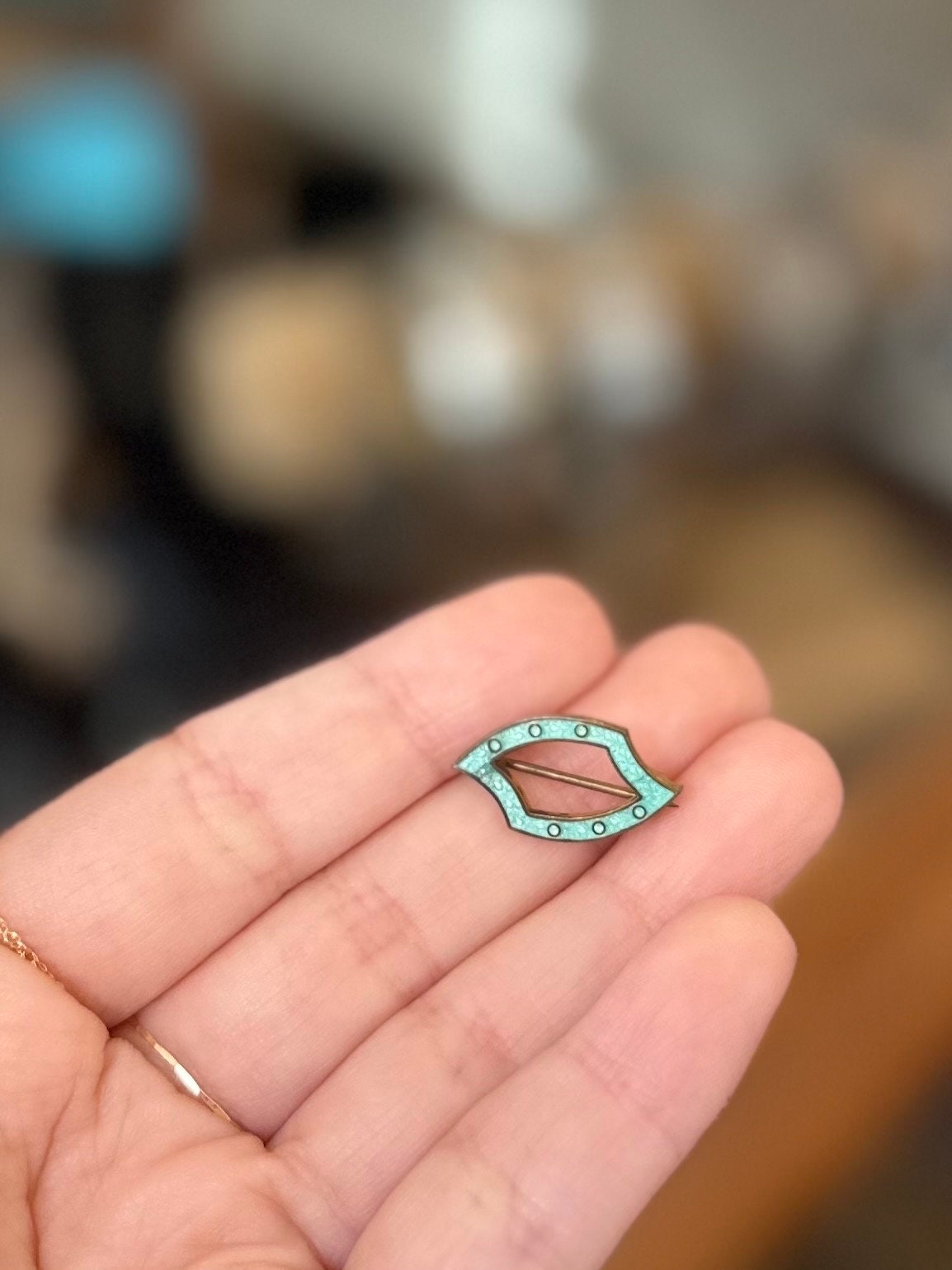 Antique Teal Guilloche Enamel & Brass Mini Pin C-Clasp