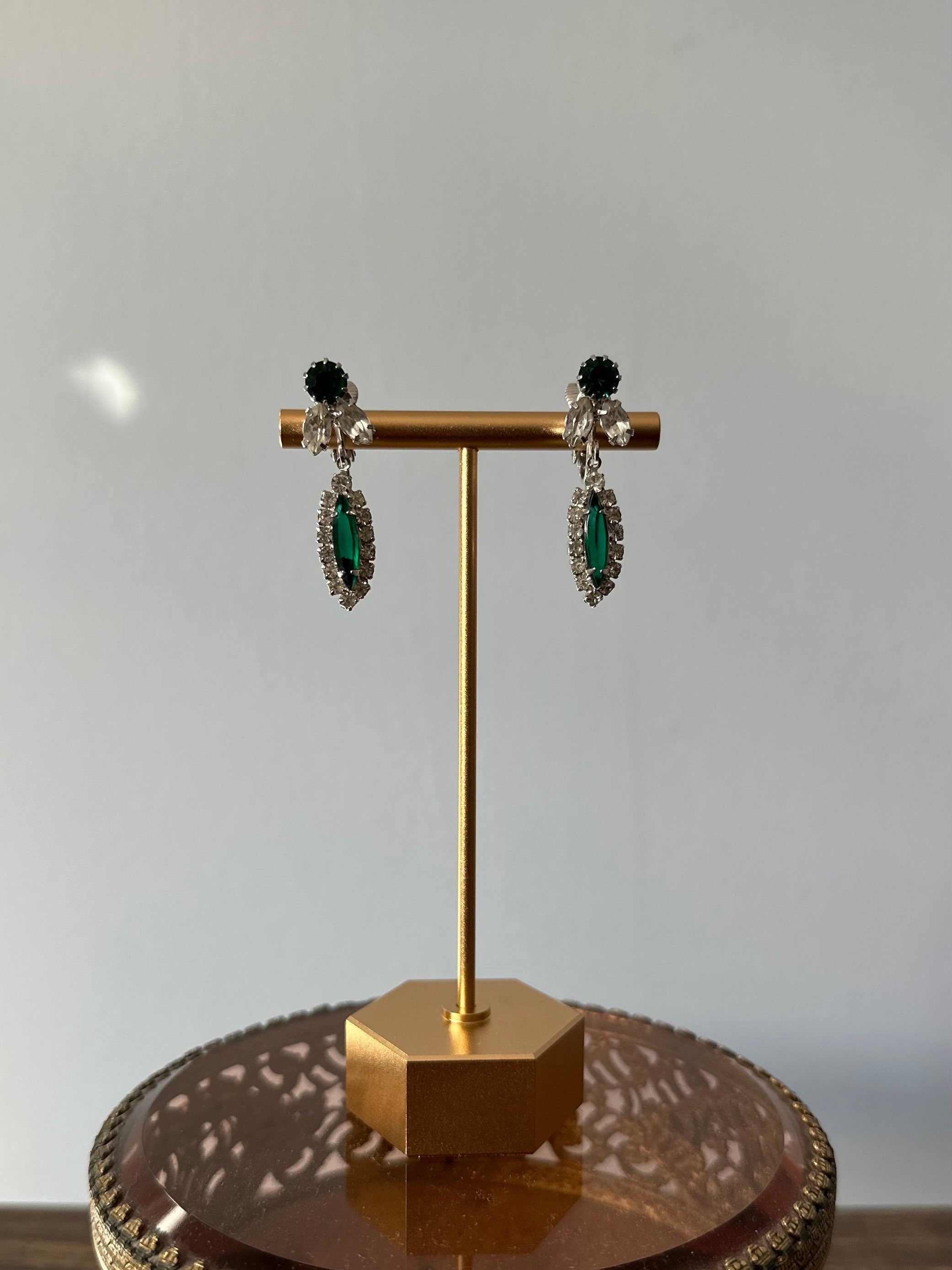 Stunning Vintage Midcentury Emerald Green Marquise & Clear Crystal Rhinestone Dangling Clip-on Earrings