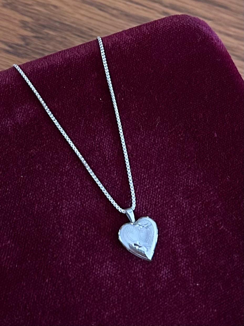 Vintage PPC Sterling Silver Etched Heart Locket Pendant Necklace Dainty 18.25" Princess Pride Creations