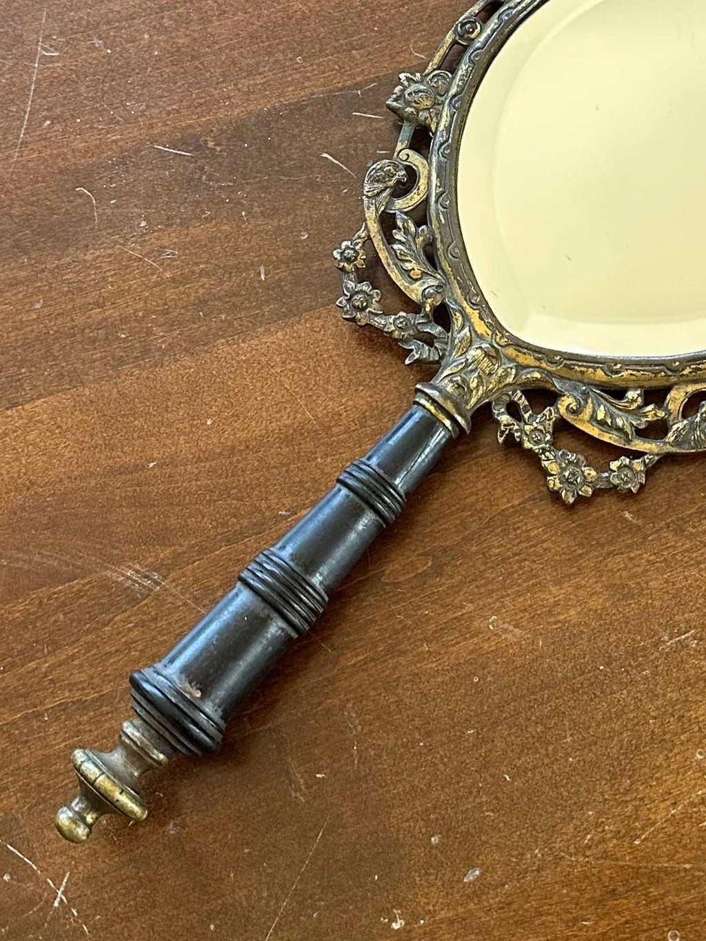 RARE 19th Century Antique Victorian Brass & Black Ebony Wood Beveled Glass Vanity Hand Mirror with Florals, Vines, and Lady Head Art Nouveau