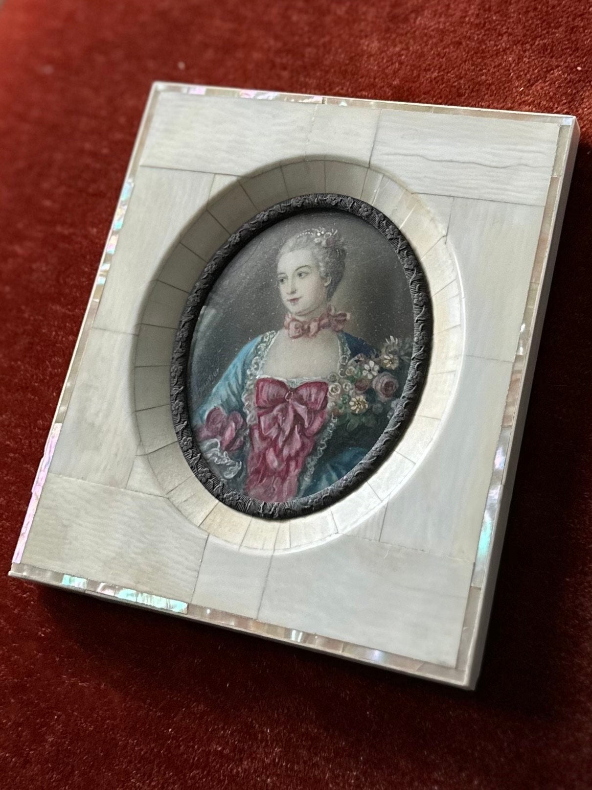 Antique 19th Century Hand Painted & Finely Detailed French Portrait of a Lady Mother of Pearl Frame V. Boucher