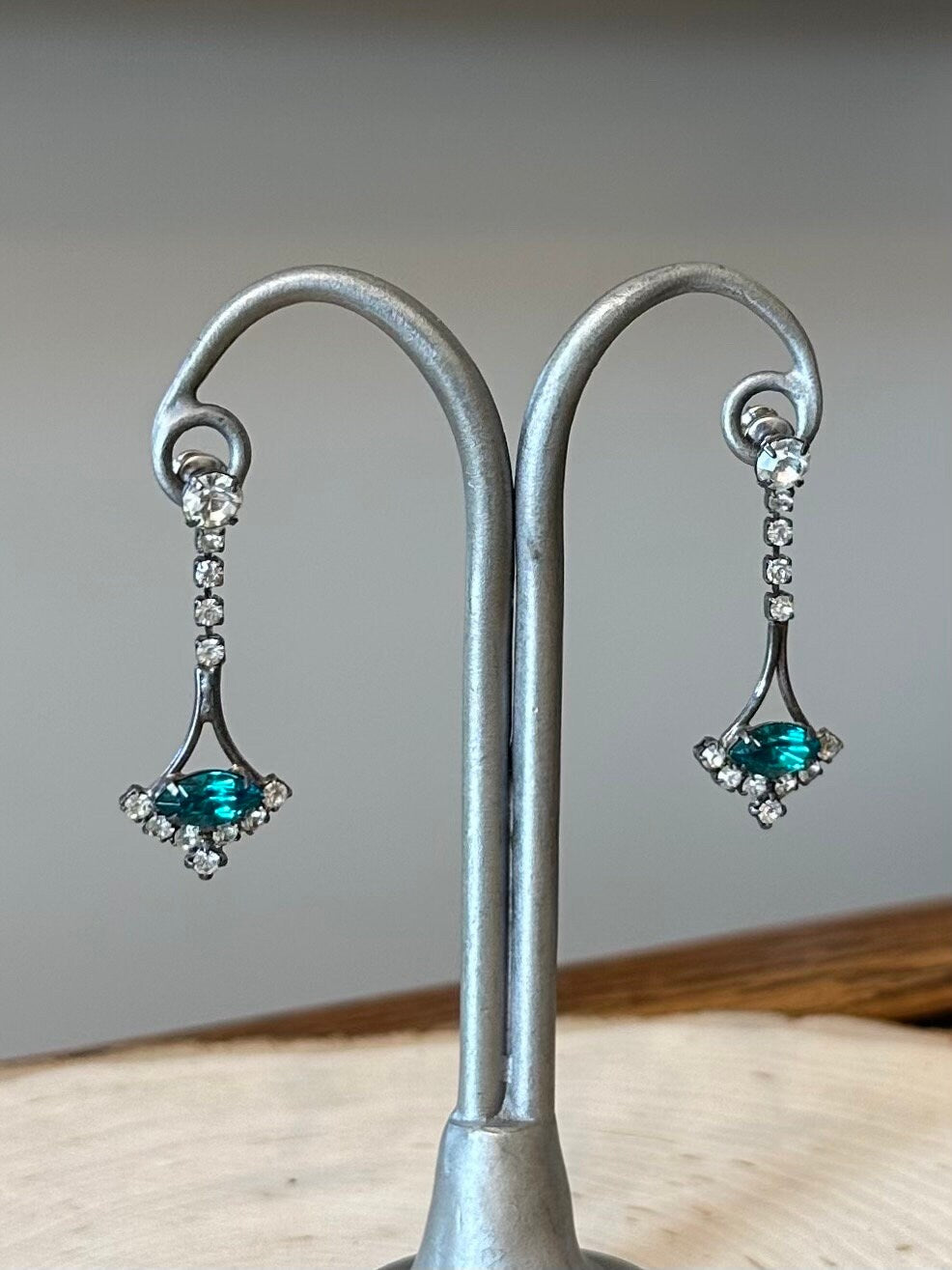 Vintage Midcentury Clear & Teal Marquise Rhinestone Pierced Fan Dangle Earrings