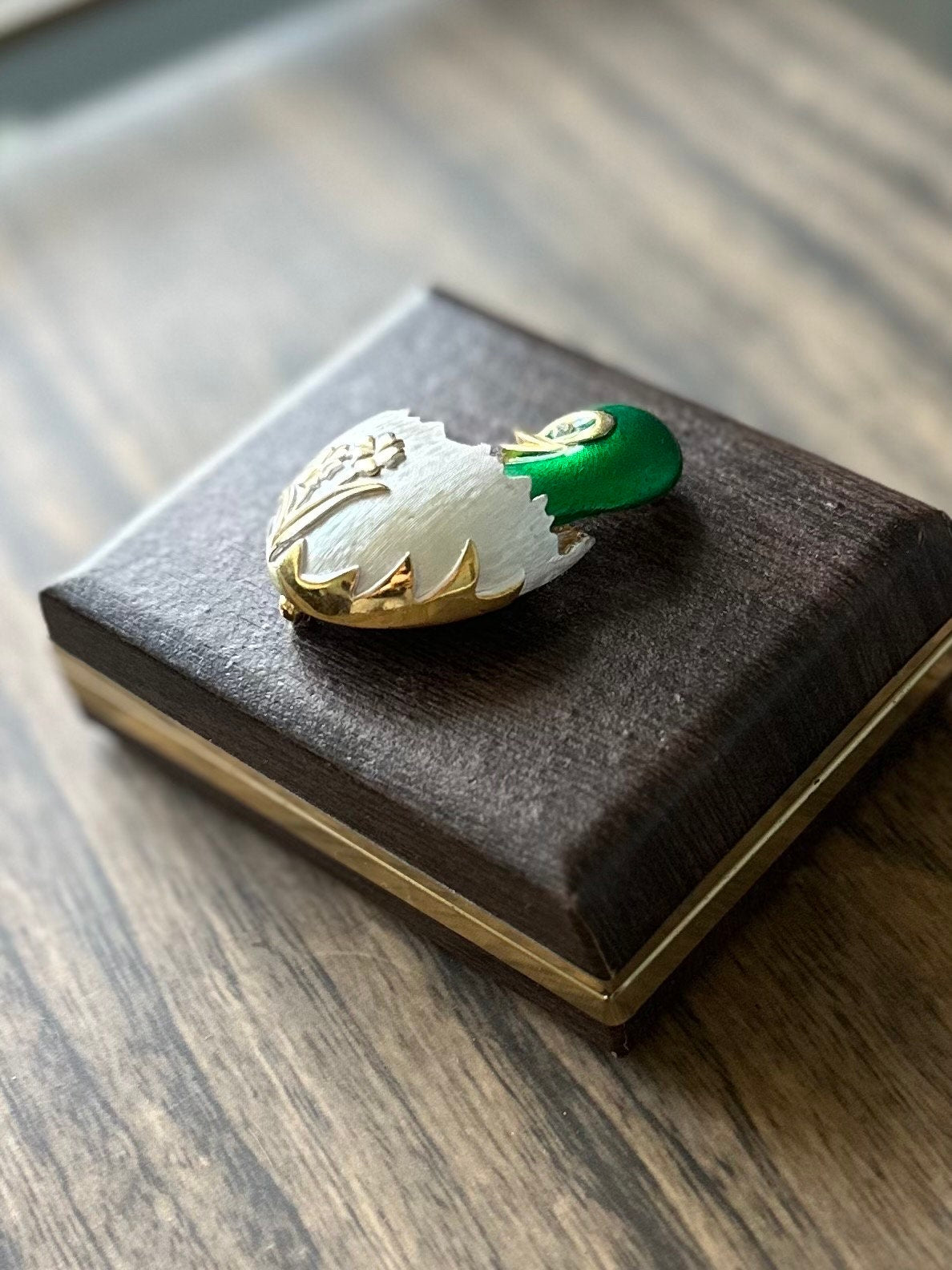 Vintage Signed Alice Caviness Green Enamel Duckling Chick in Egg Gold Tone Brooch Rhinestone Eye Easter
