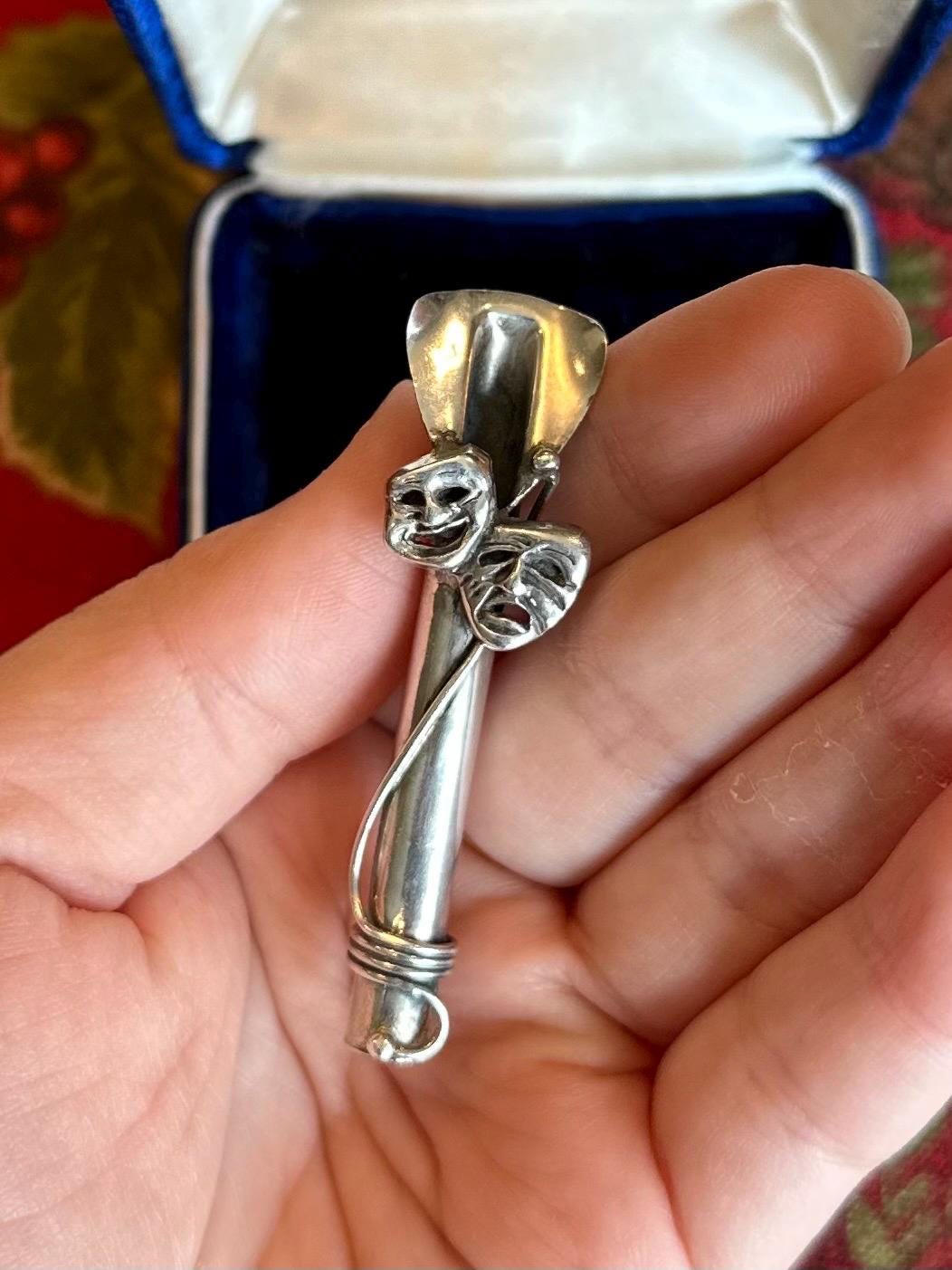 Vintage Signed REO Sterling Silver Comedy & Tradegy Drama Masks Cylindrical Flower Holder Brooch Pin Theater Boutonnière