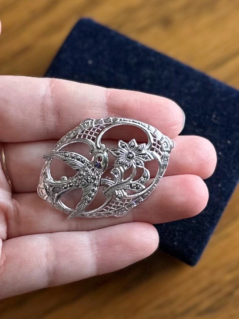 Vintage Sterling Silver & Marcasite Swallow Bird Floral Brooch Art Deco Revival