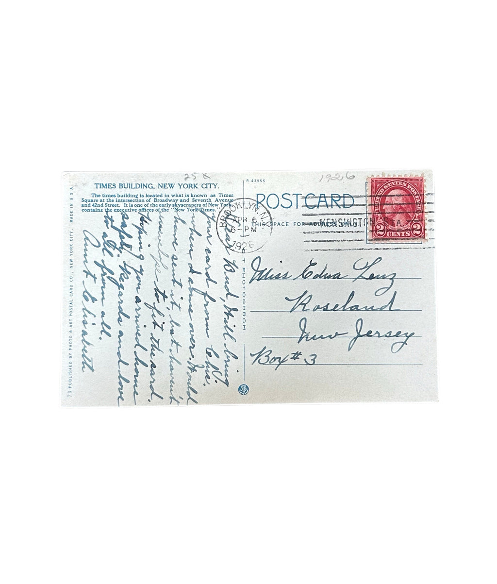 Antique 1926 Postmarked Times Building NYC Topographical Postcard Photo & Art Postal Co. New York City