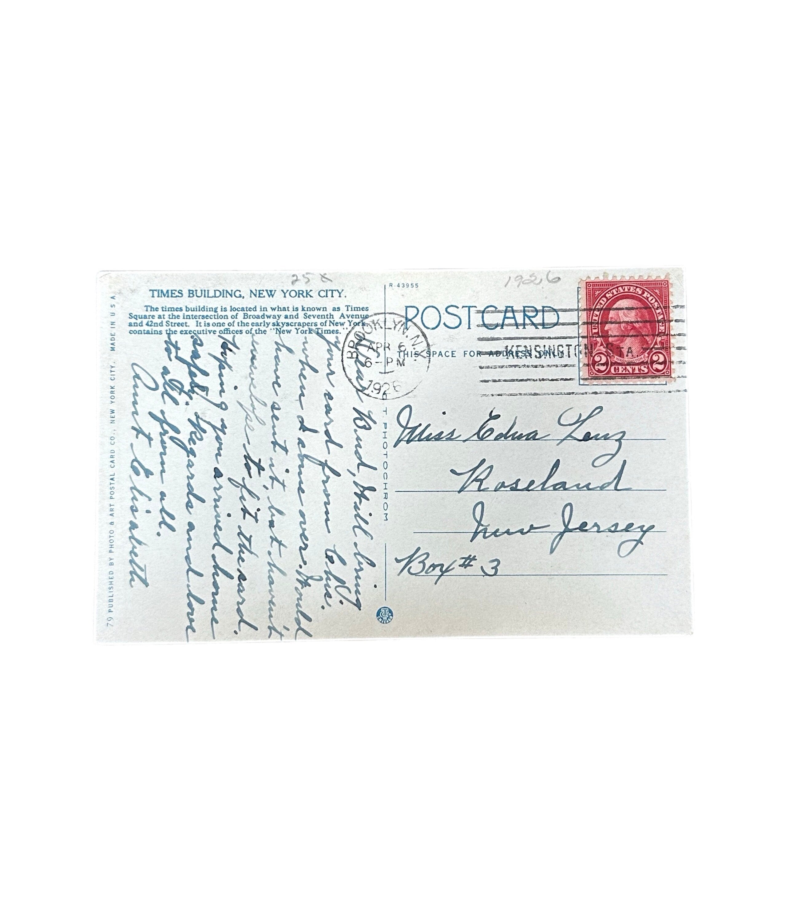 Antique 1926 Postmarked Times Building NYC Topographical Postcard Photo & Art Postal Co. New York City