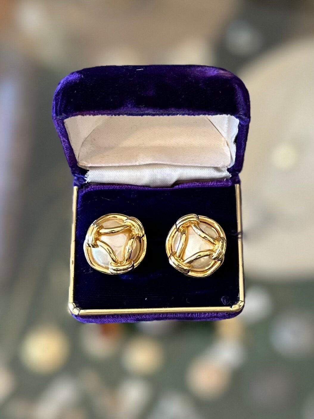 Vintage 1990s Signed Carolee Gold Plated Caged Faux Pearl Stud Earrings