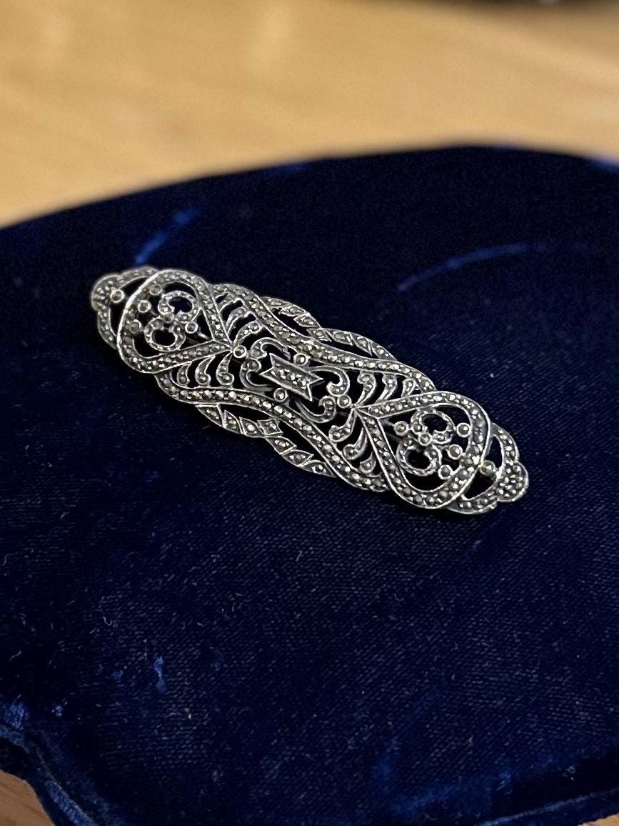 Vintage Art Deco Revival Sterling Silver & Marcasite Ornate Large Oblong Brooch Statement