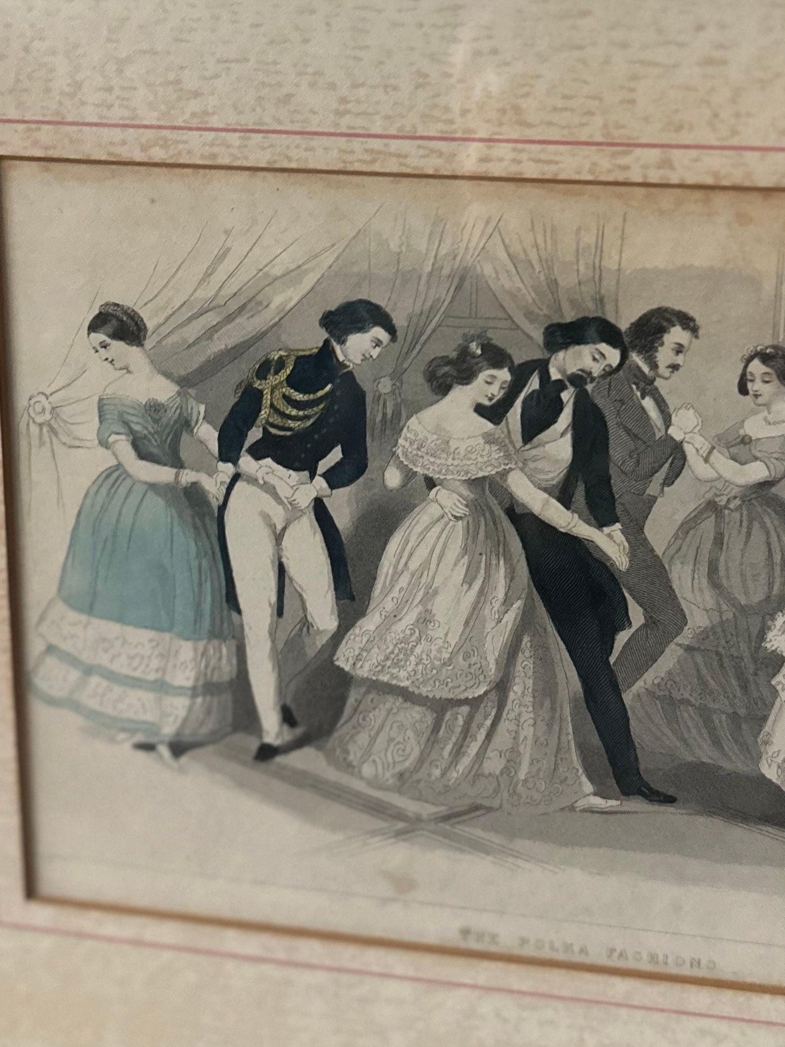 Vintage Framed & Matted Circa 19th Century Polka Fashions Victorian Dancing Lithograph Print Godey’s Lady’s Book