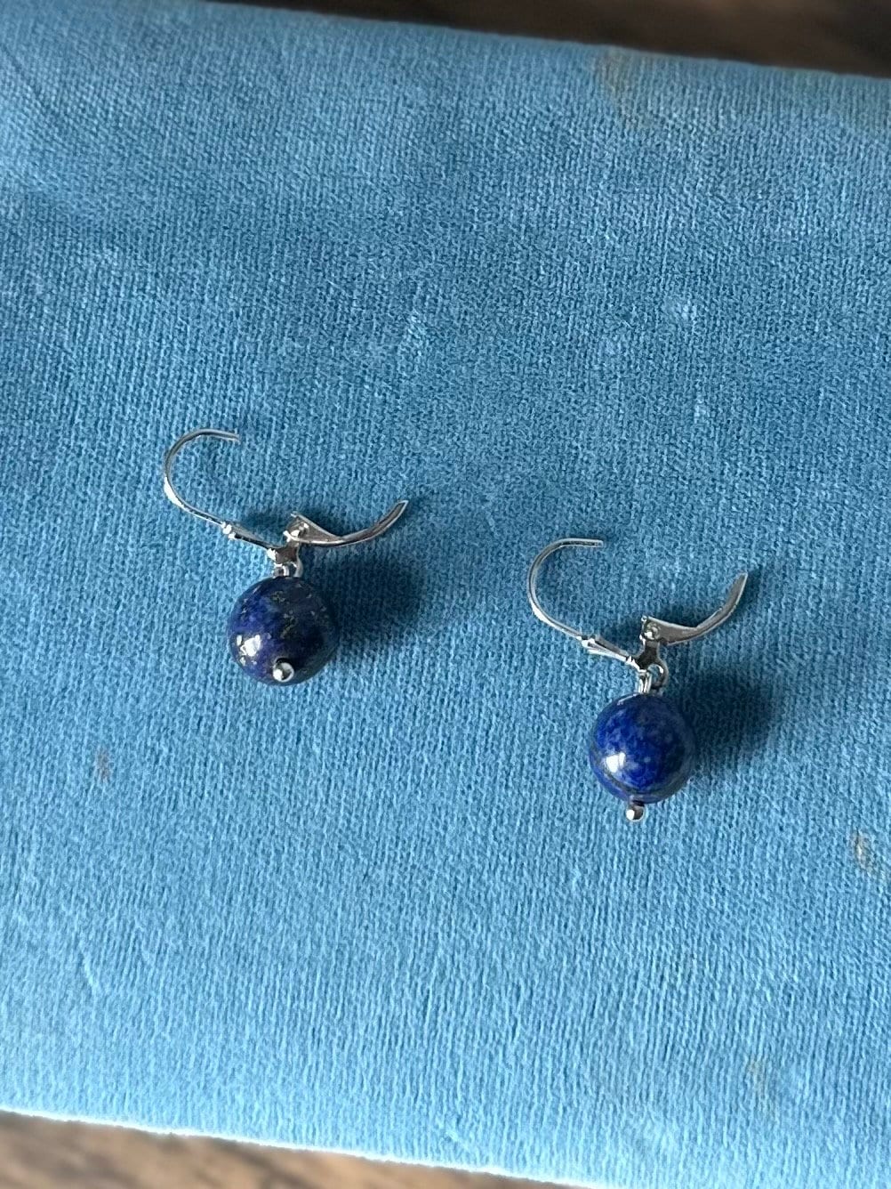 Sterling Silver 925 Blue Lapis Lazuli 10mm Bead Dangle Drop Earrings