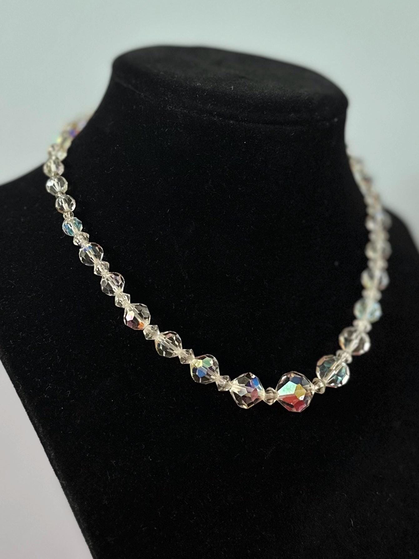 Vintage 1950s Midcentury Faceted Iridescent Clear Graduated Crystal Beaded Necklace Adjustable 15.25” Hook Closure